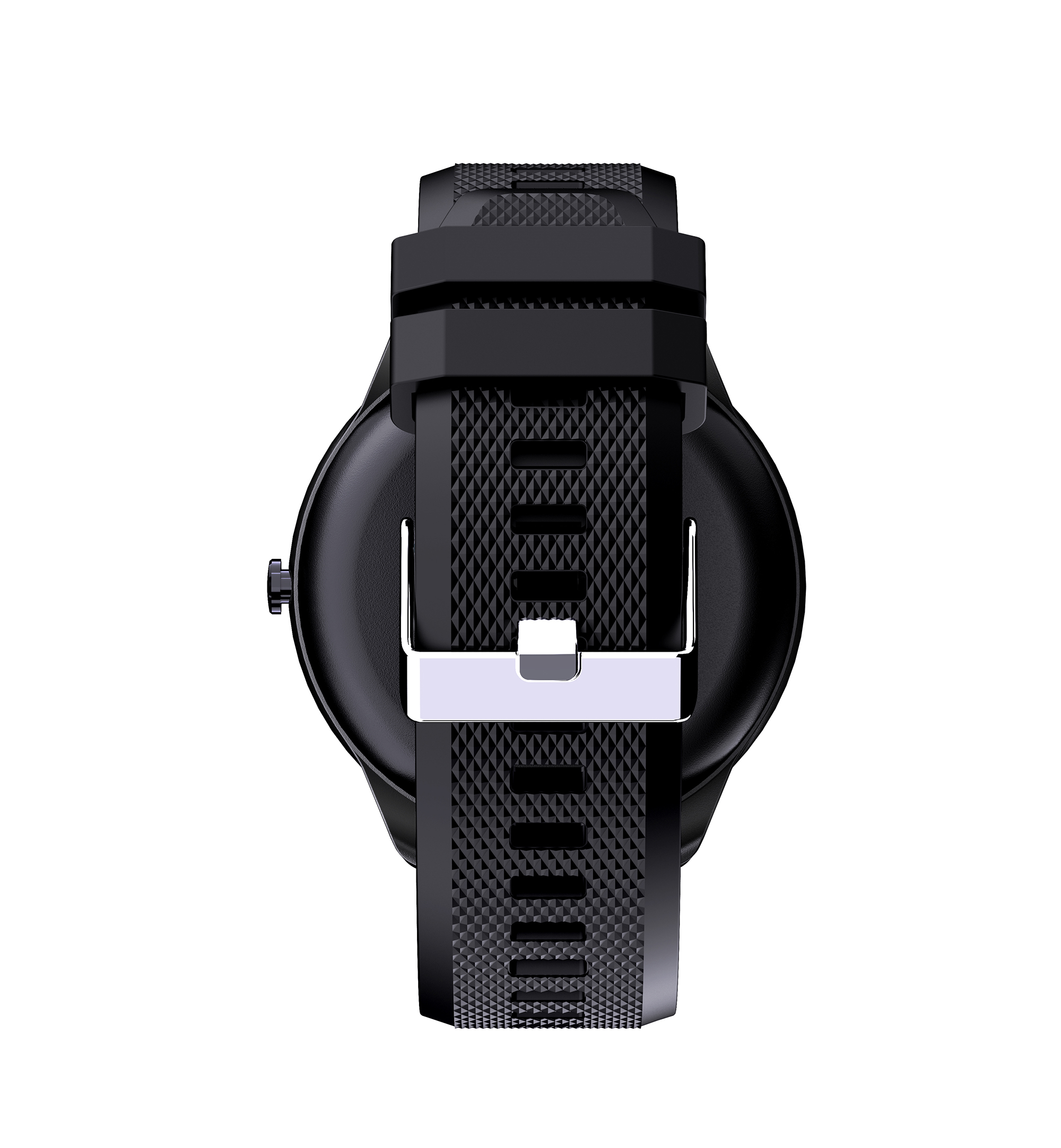 Smartwatch nero con cinturino nero. Chiusura argentata. Vista dall'alto.