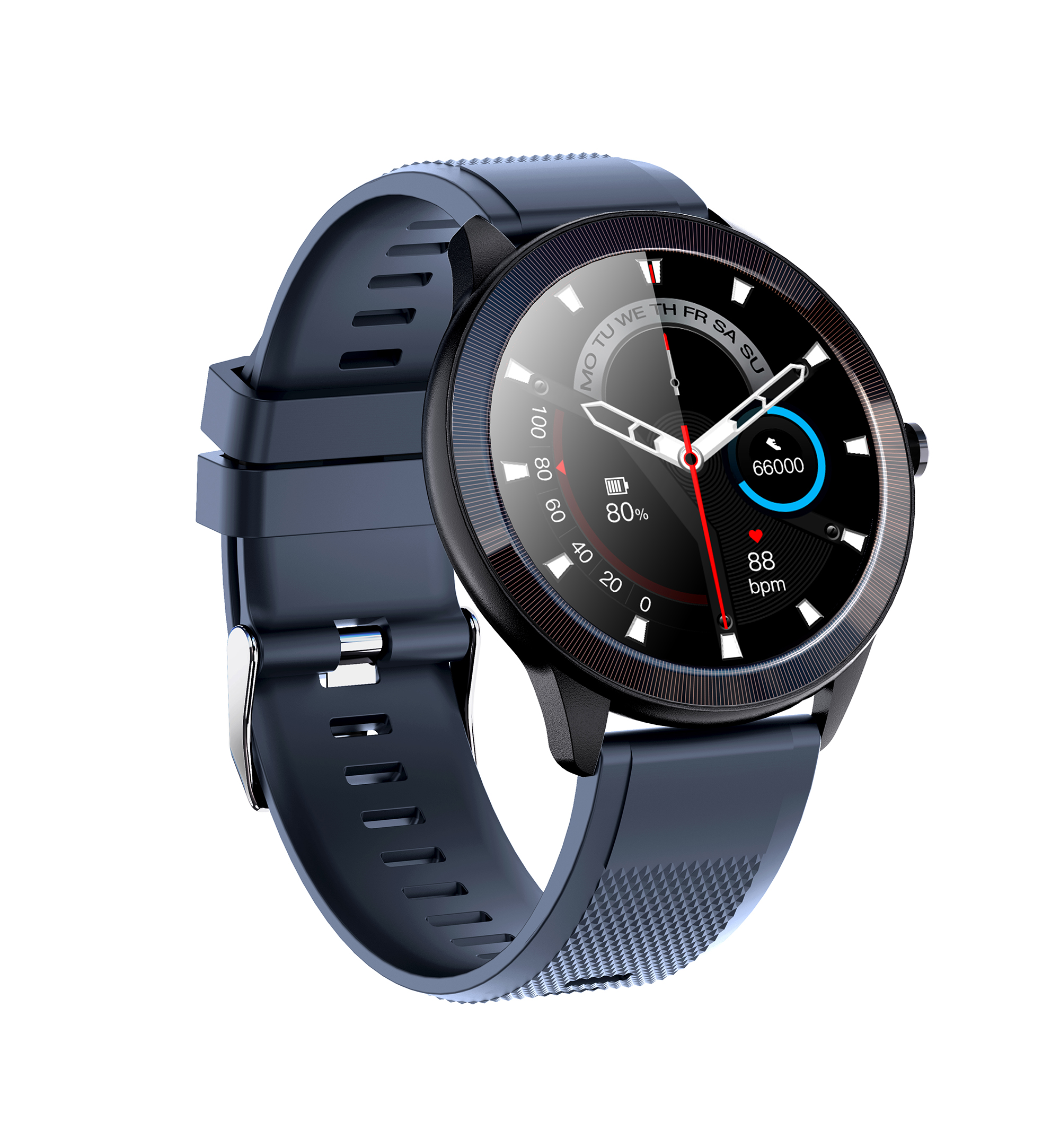 Smartwatch con cinturino blu, lunetta nera, mostra ora e metriche.