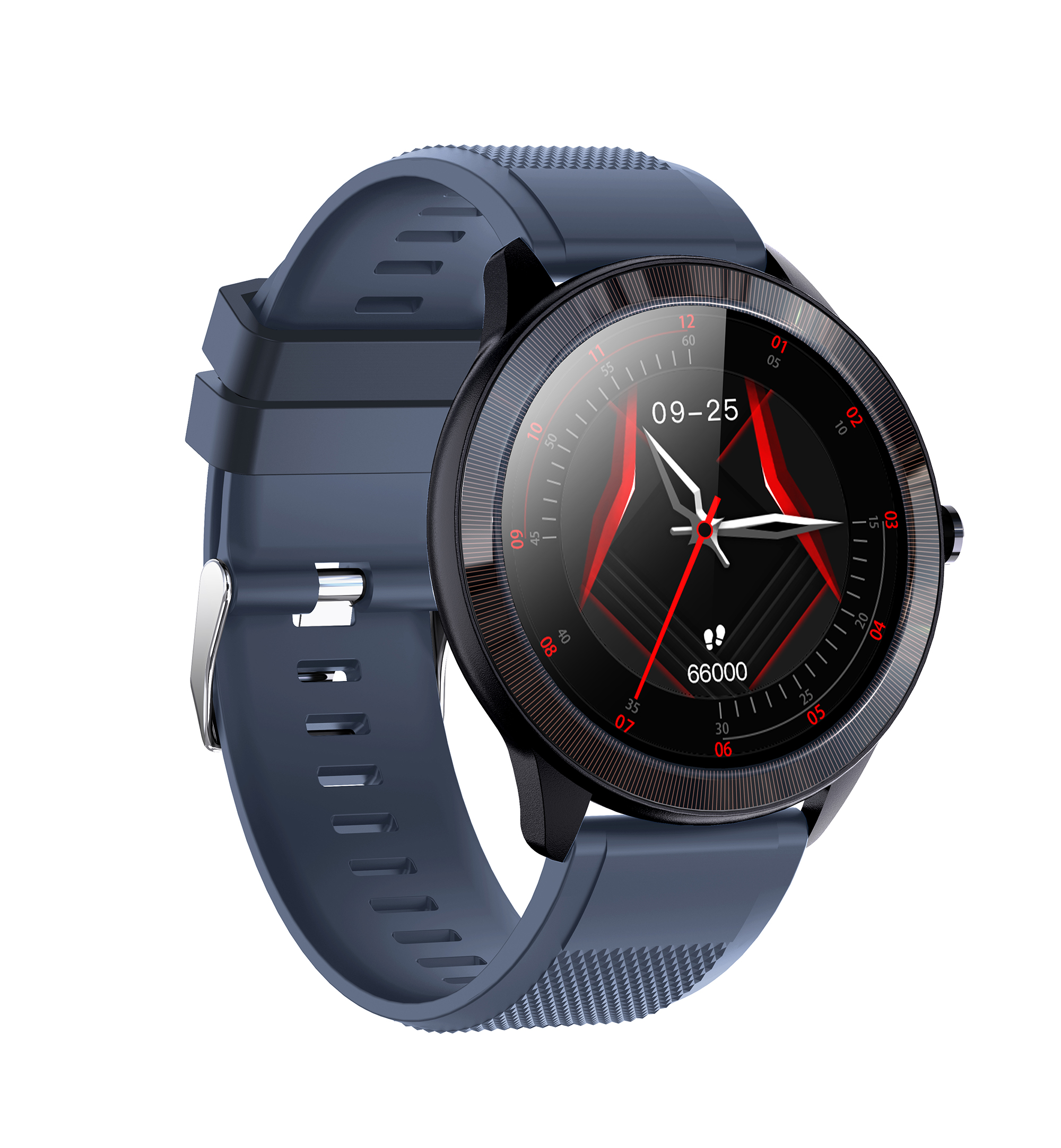 Smartwatch con cinturino blu. Il quadrante mostra data, ora e progressi attività.