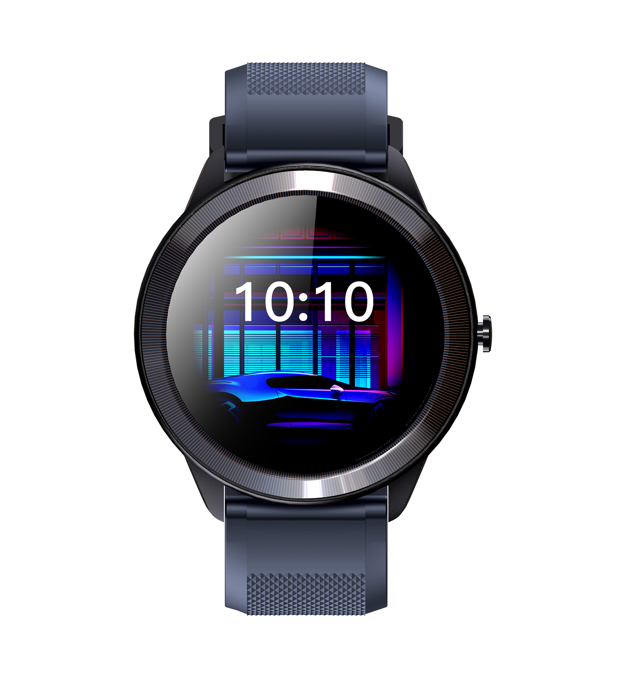 Smartwatch con un'auto sullo schermo, che mostra l'ora 10:10, e cinturino blu scuro.