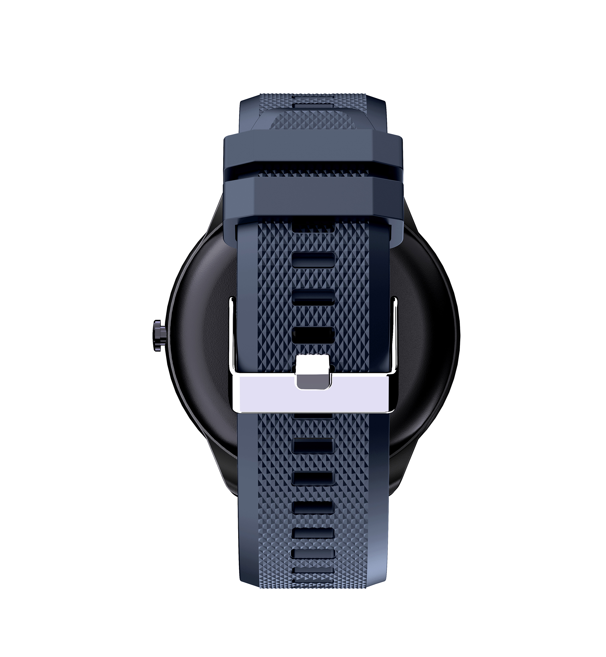 Uno smartwatch nero con cinturino blu scuro e chiusura argentata. Il retro è visibile.