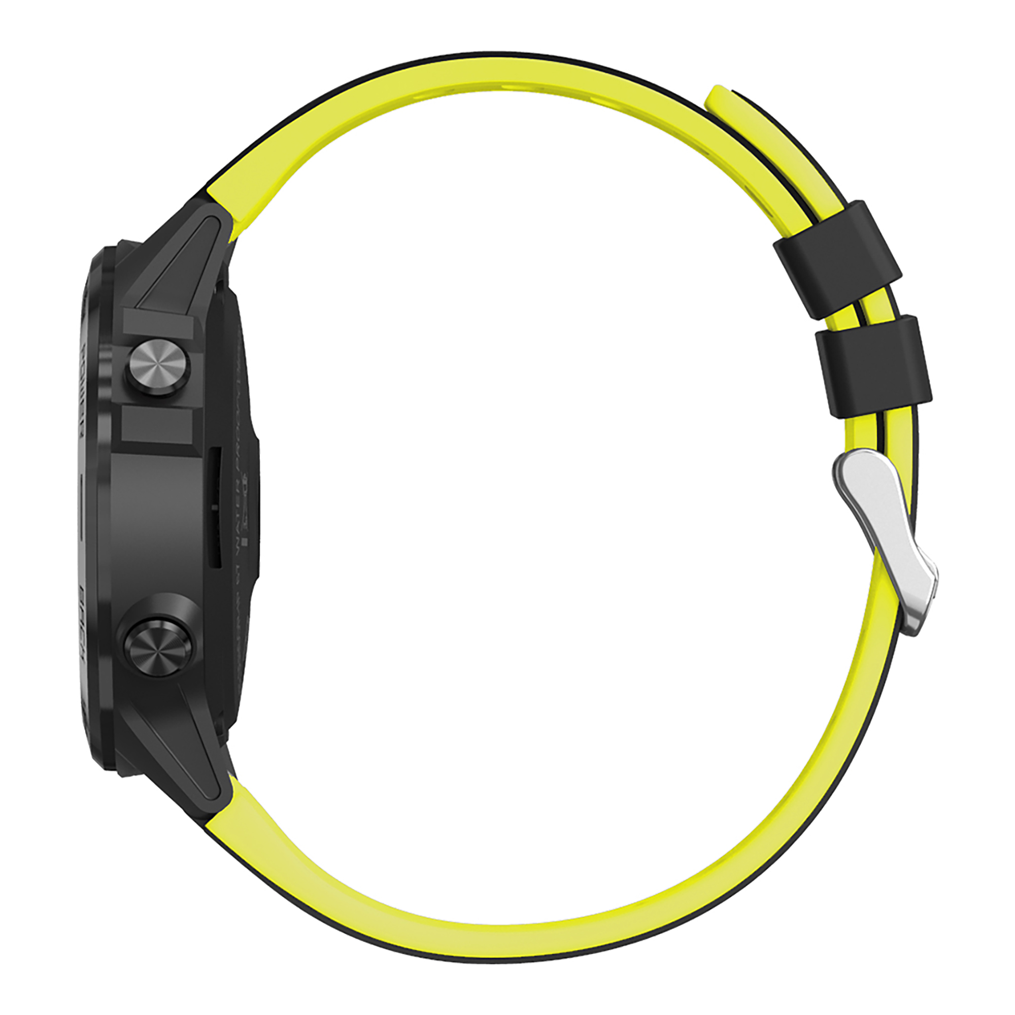 Uno smartwatch nero con cinturino giallo, vista laterale.