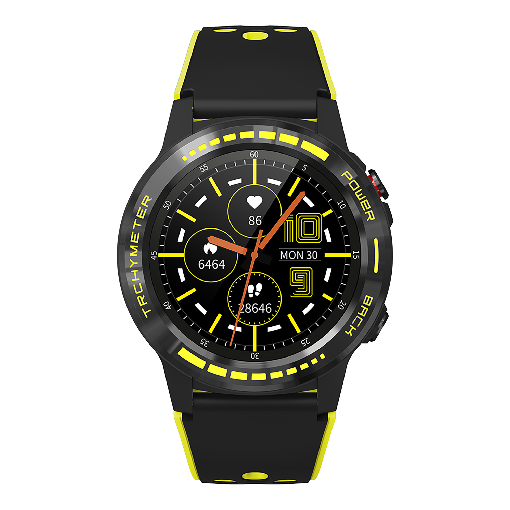 Smartwatch nero e giallo con display digitale, mostra numeri e ora.