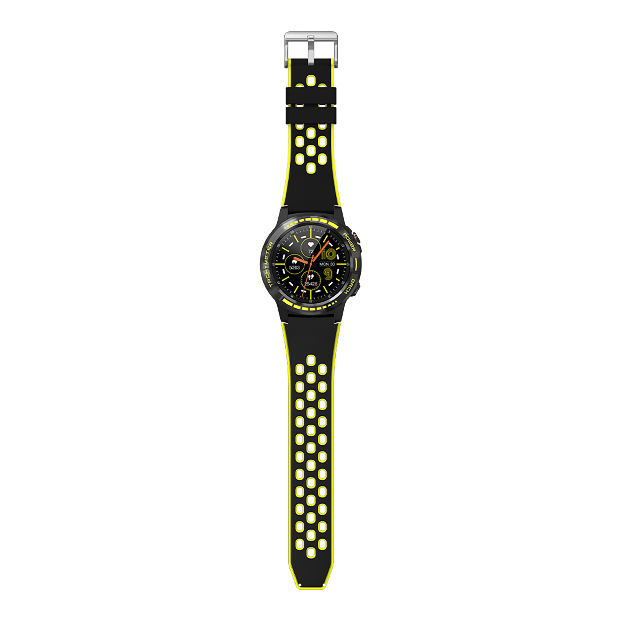 Smartwatch nero con dettagli gialli sul cinturino. Presenta un display rotondo.