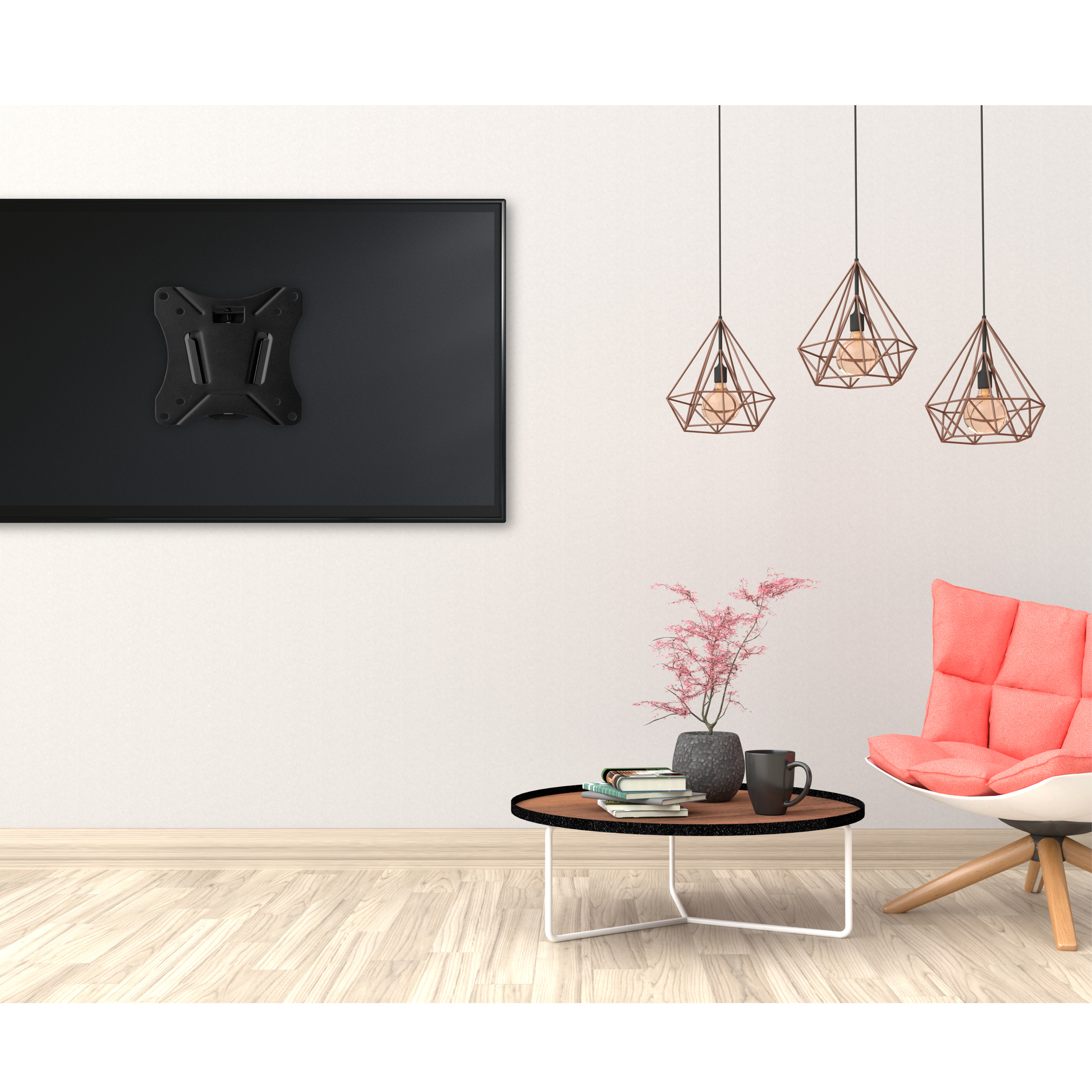 Salón con TV montada, mesa con plantas y sillón rosa.