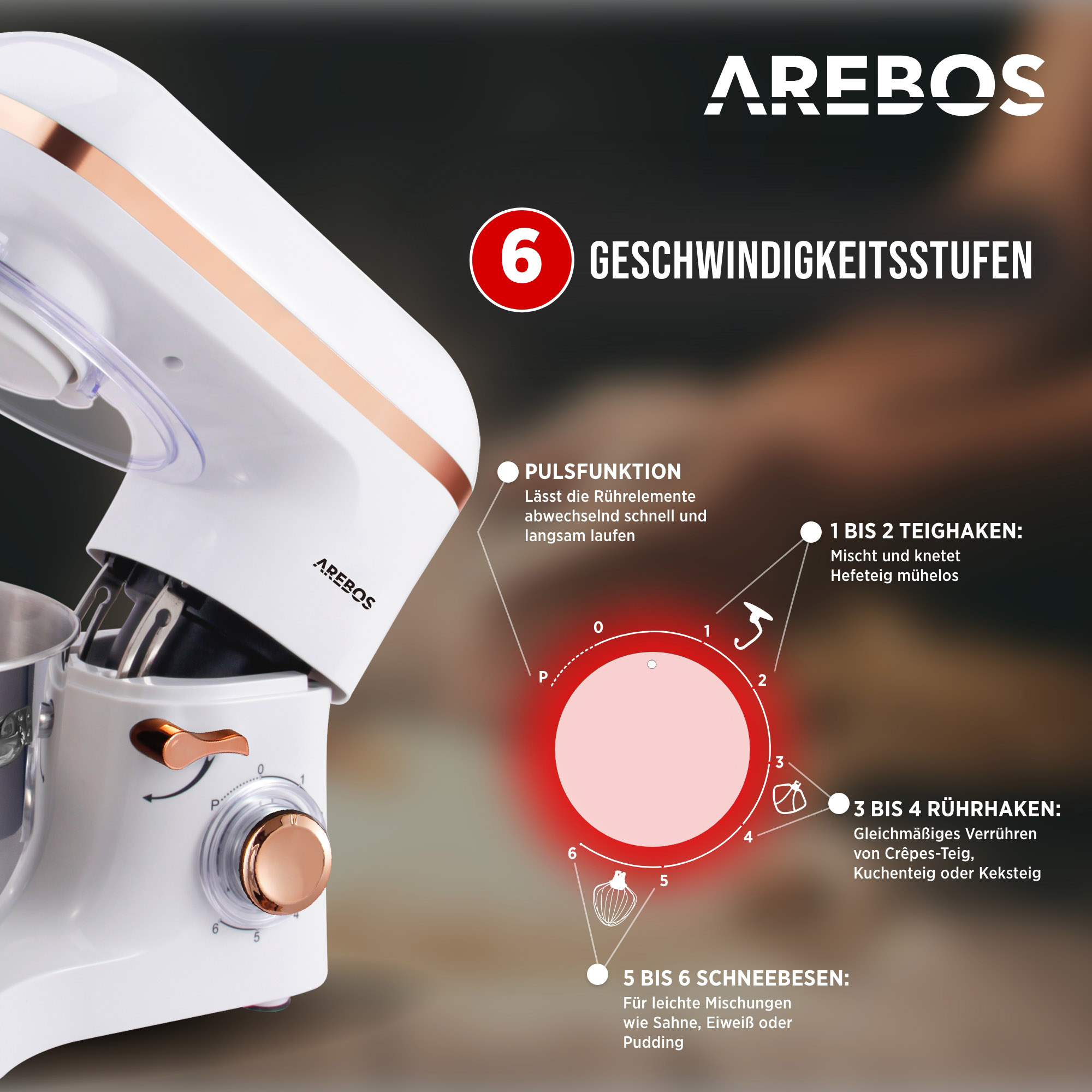 AREBOS 6 Speedlevels Küchenmaschine Weiß 1500 Watt) Liter, 6 (Rührschüsselkapazität
