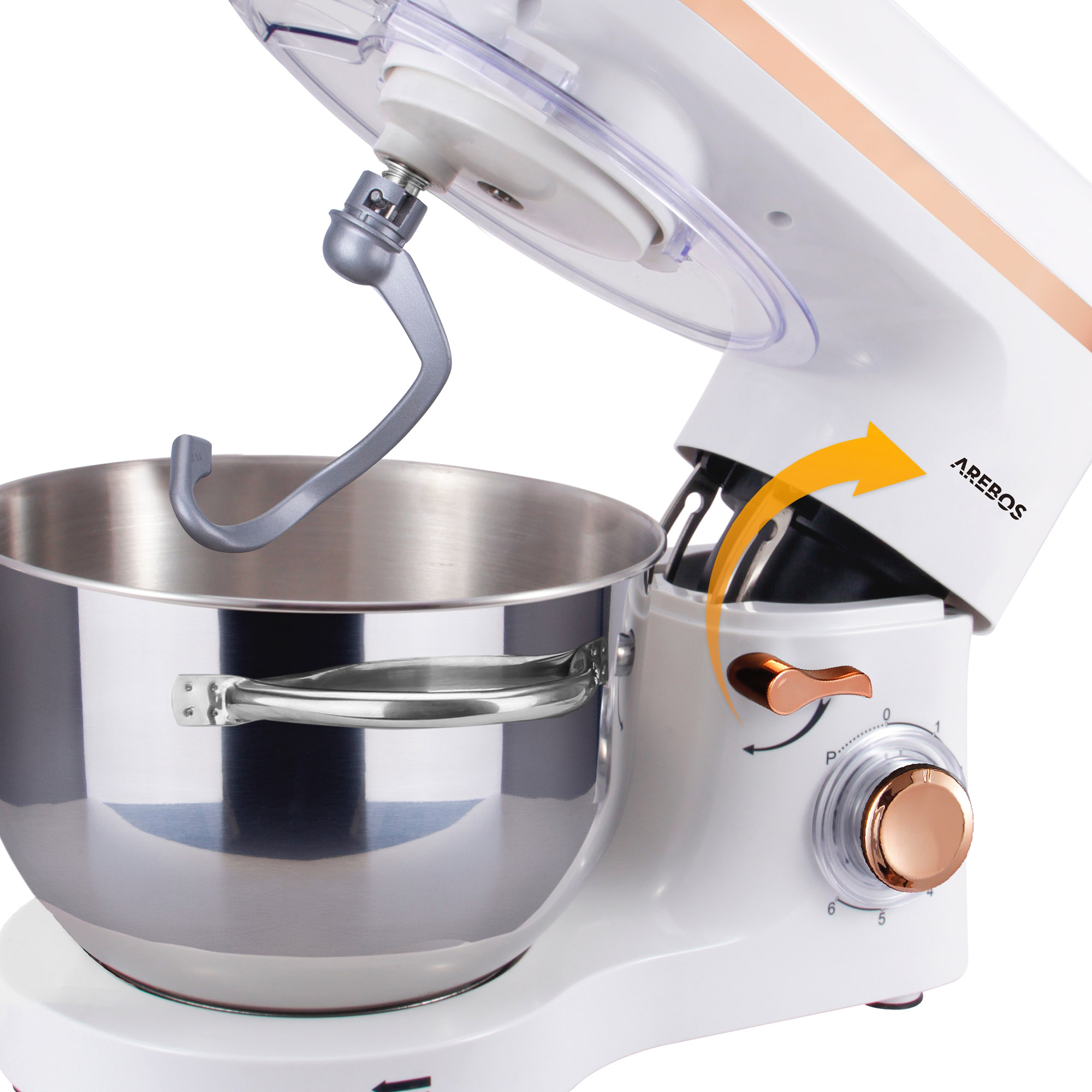 Ein weißer und stählerner Küchenmixer mit einer Schüssel und einem Haken. Ein Pfeil zeigt eine Bewegung an.