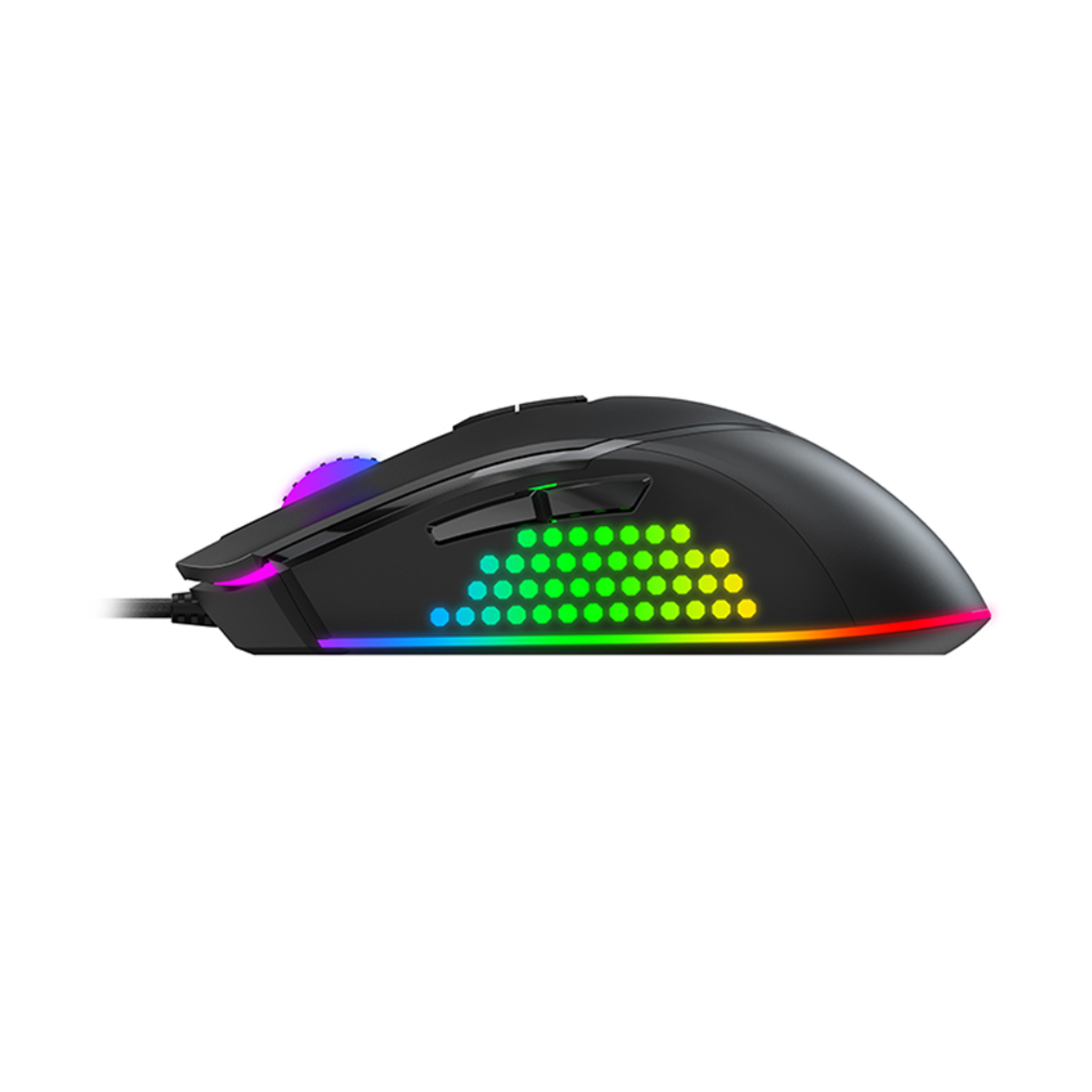 RGB aydınlatmalı siyah oyun faresi. Yan görünüm, düğmeleri ve kaydırma tekerleğini gösterir.