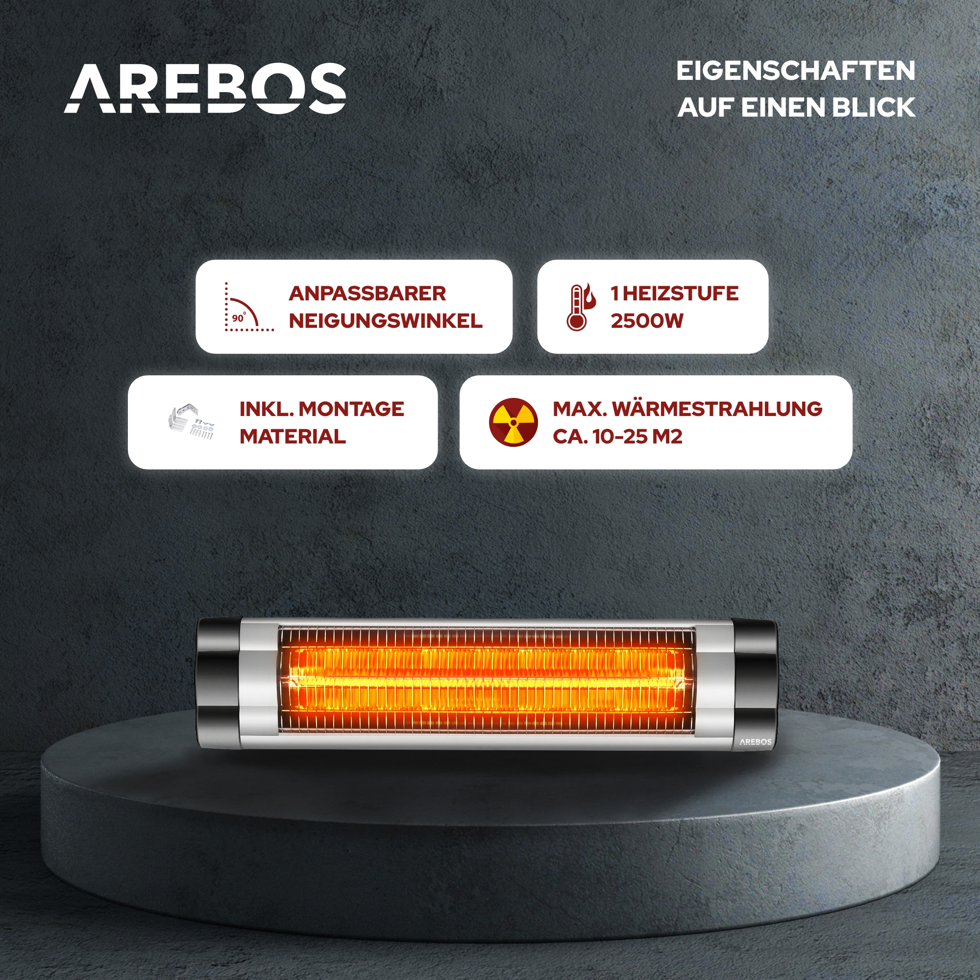 Silber | inkl. Heizstrahler, AREBOS | regulierbar Infrarot Montagematerial Stufenlos