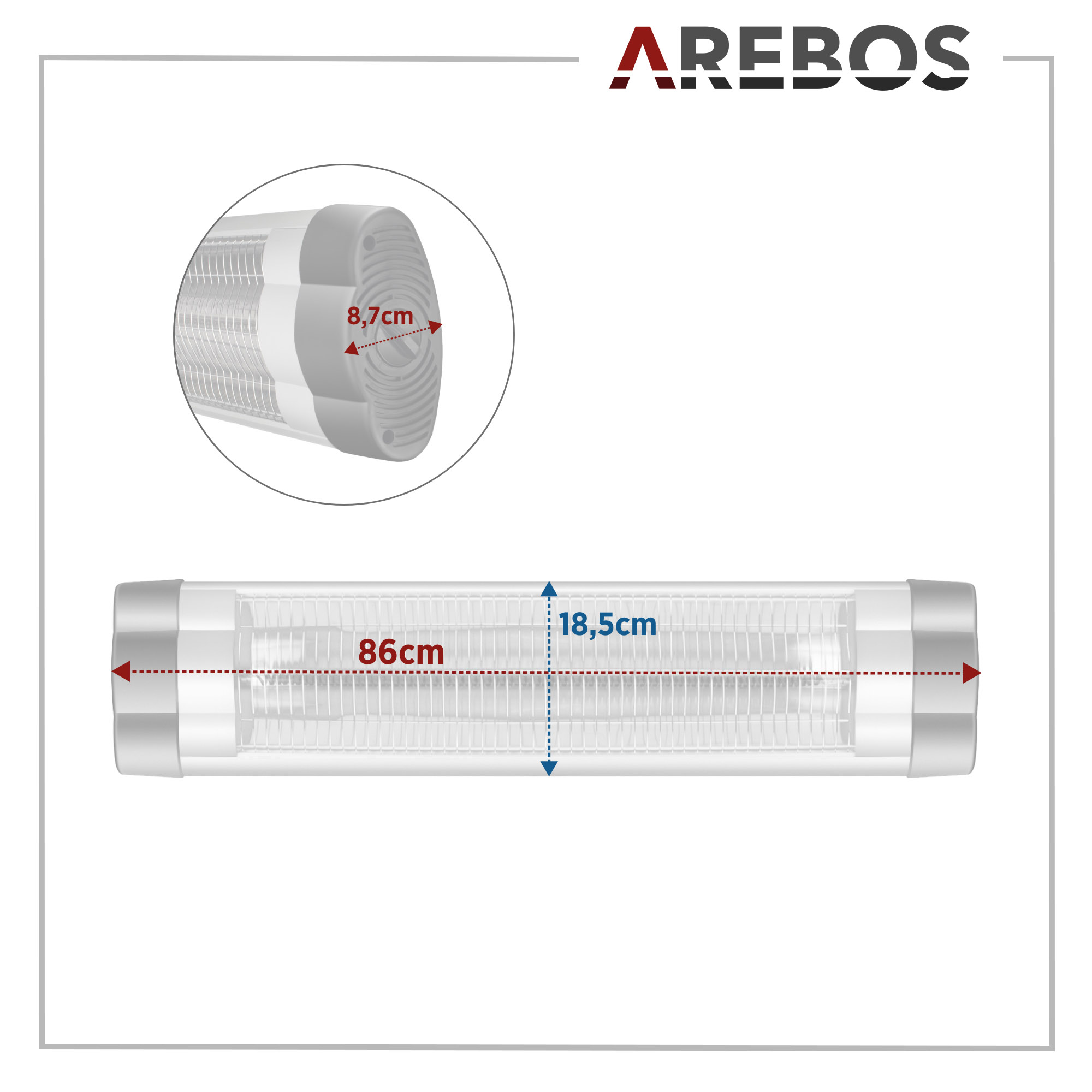 AREBOS | Stufenlos Montagematerial Infrarot inkl. regulierbar Heizstrahler, Silber 