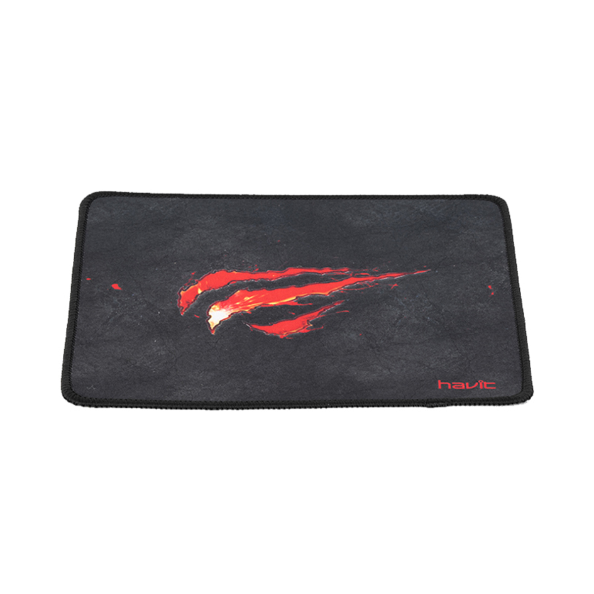 Czarna podkładka pod mysz z czerwonym i pomarańczowym płomieniem oraz napisem 'havit'.
