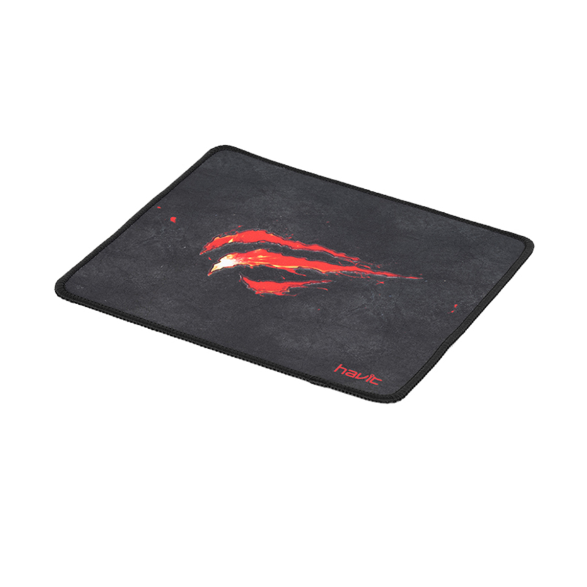 Czarna podkładka pod mysz dla graczy z czerwono-białym płomiennym wzorem i logo 'havit'.