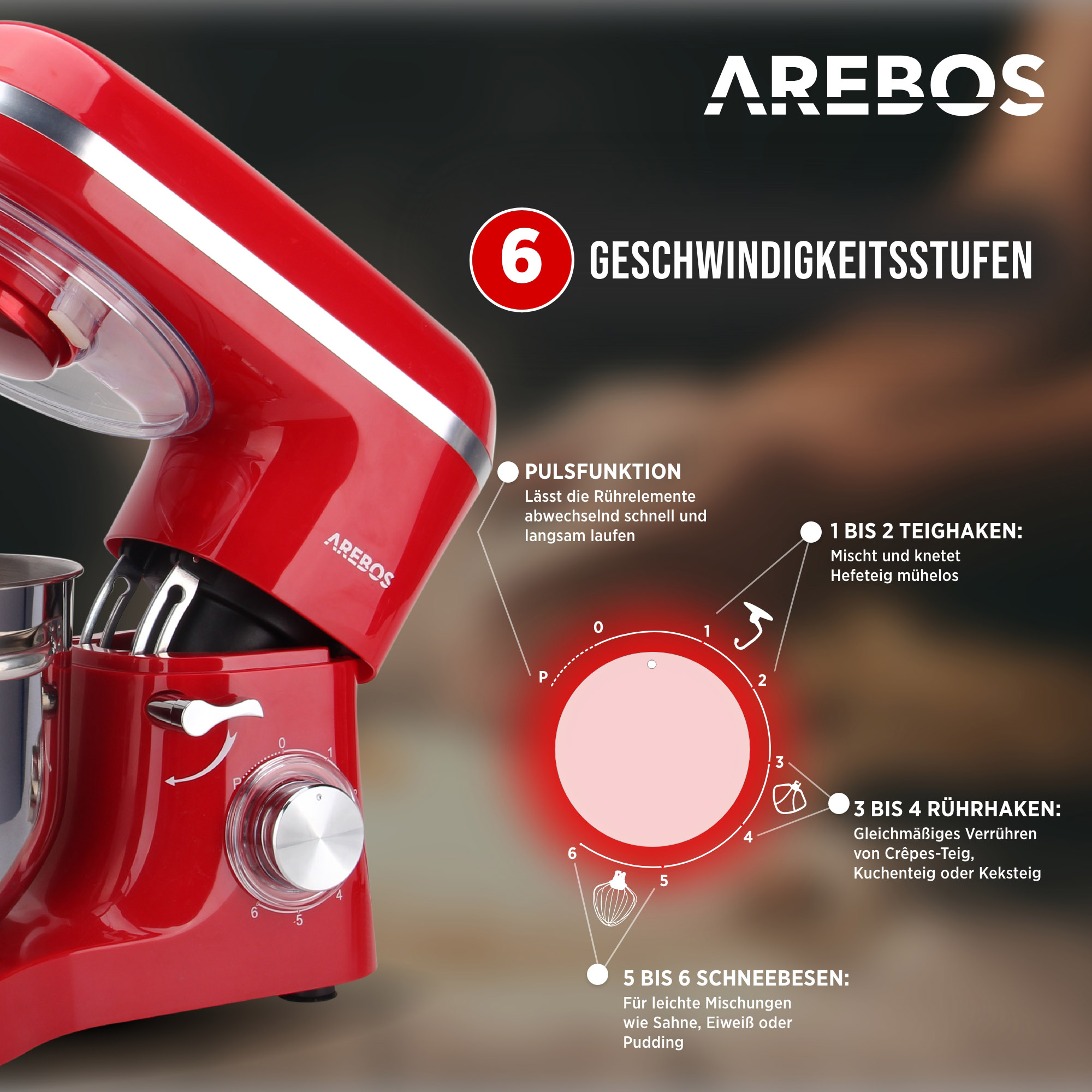 Roter AREBOS Küchenmixer mit Geschwindigkeitseinstellungen und Beschreibungen, einschließlich Textetiketten.