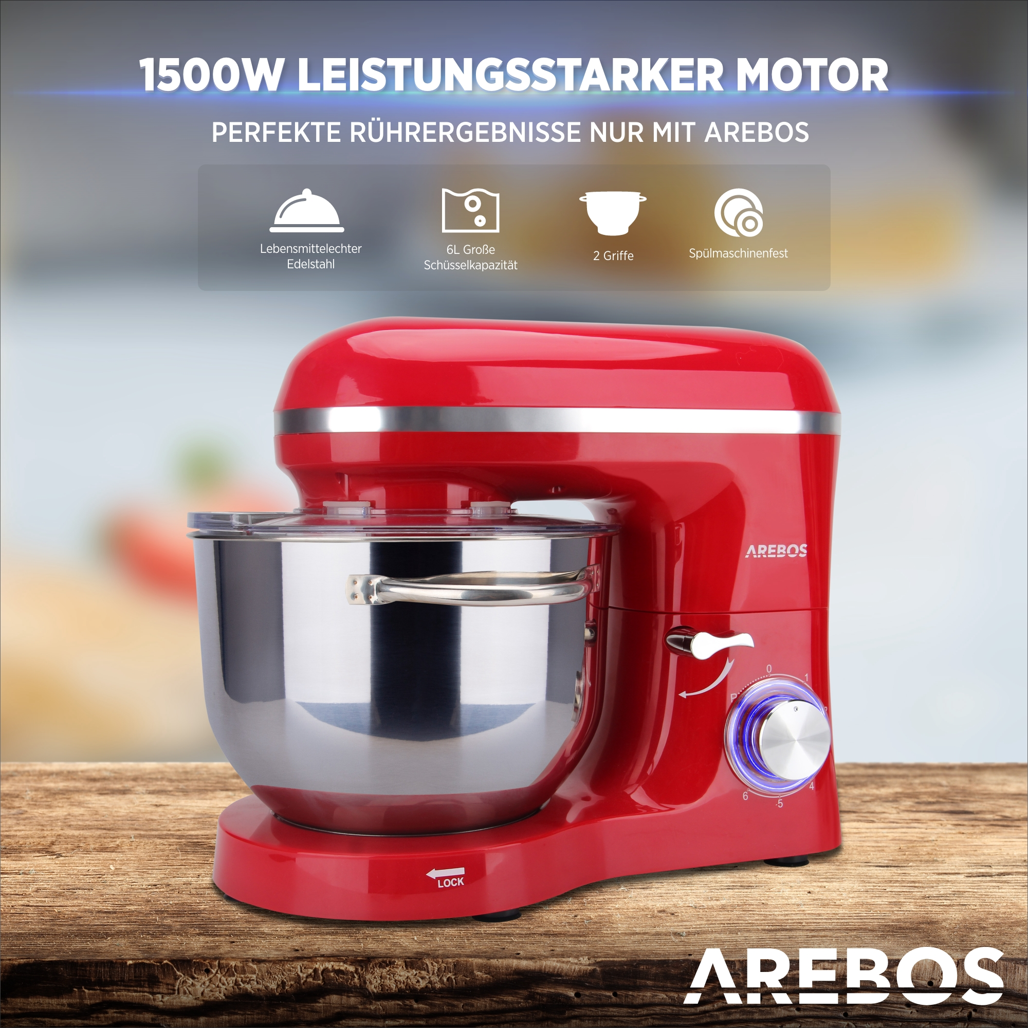 6 6 AREBOS Watt) Speedlevels Küchenmaschine Rot Liter, 1500 (Rührschüsselkapazität: