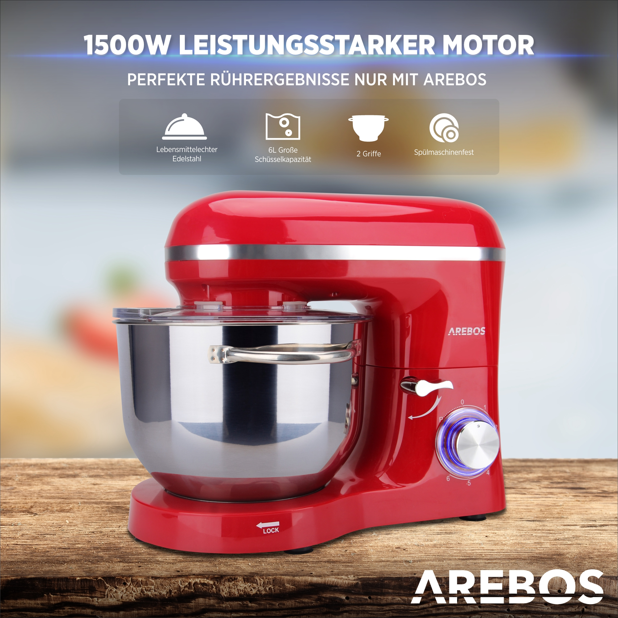 Roter Küchenmixer mit Edelstahl-Schüssel, Text-Overlay, Holztisch.