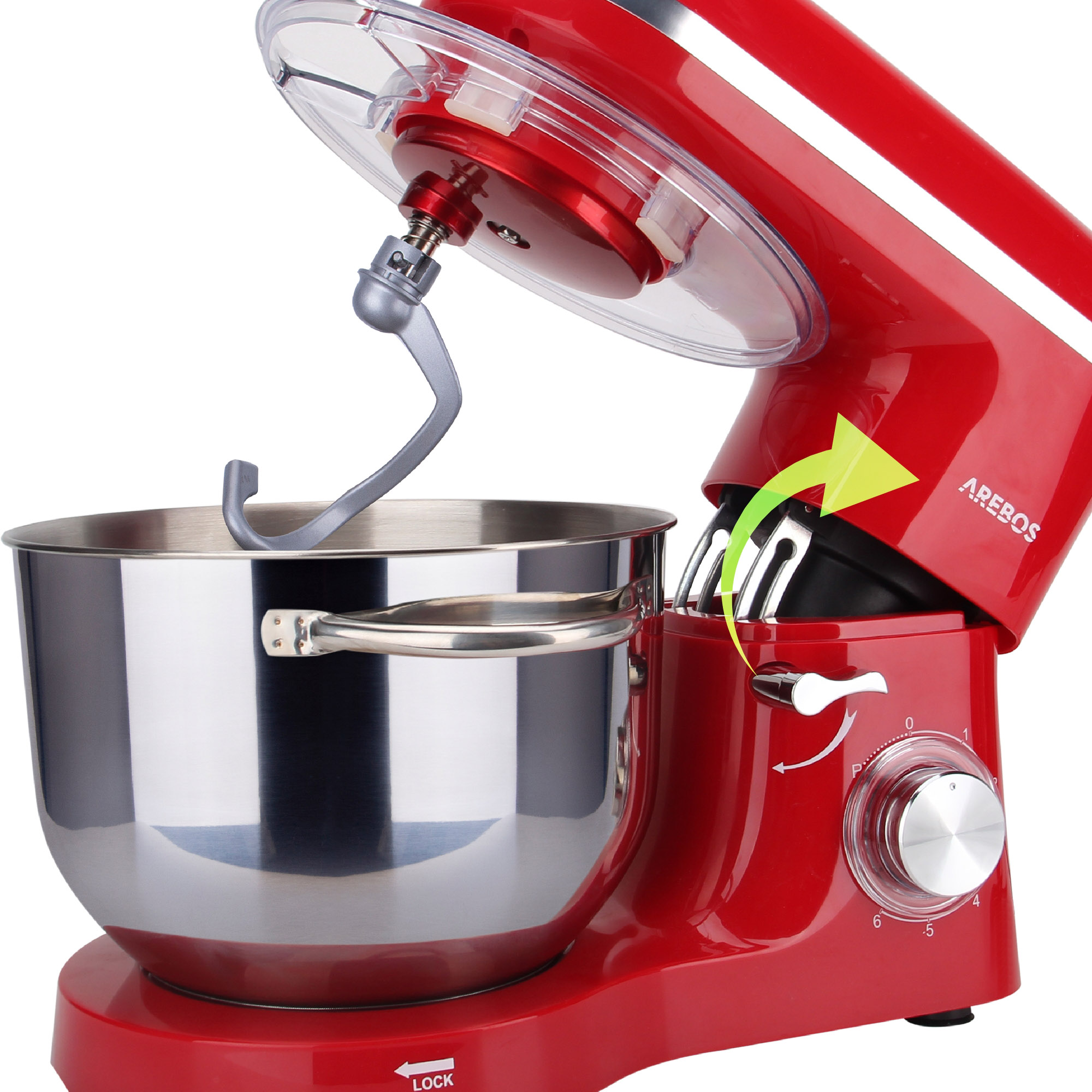 Roter Küchenmixer mit Schüssel und Haken. Pfeil zeigt den Freigabemechanismus.