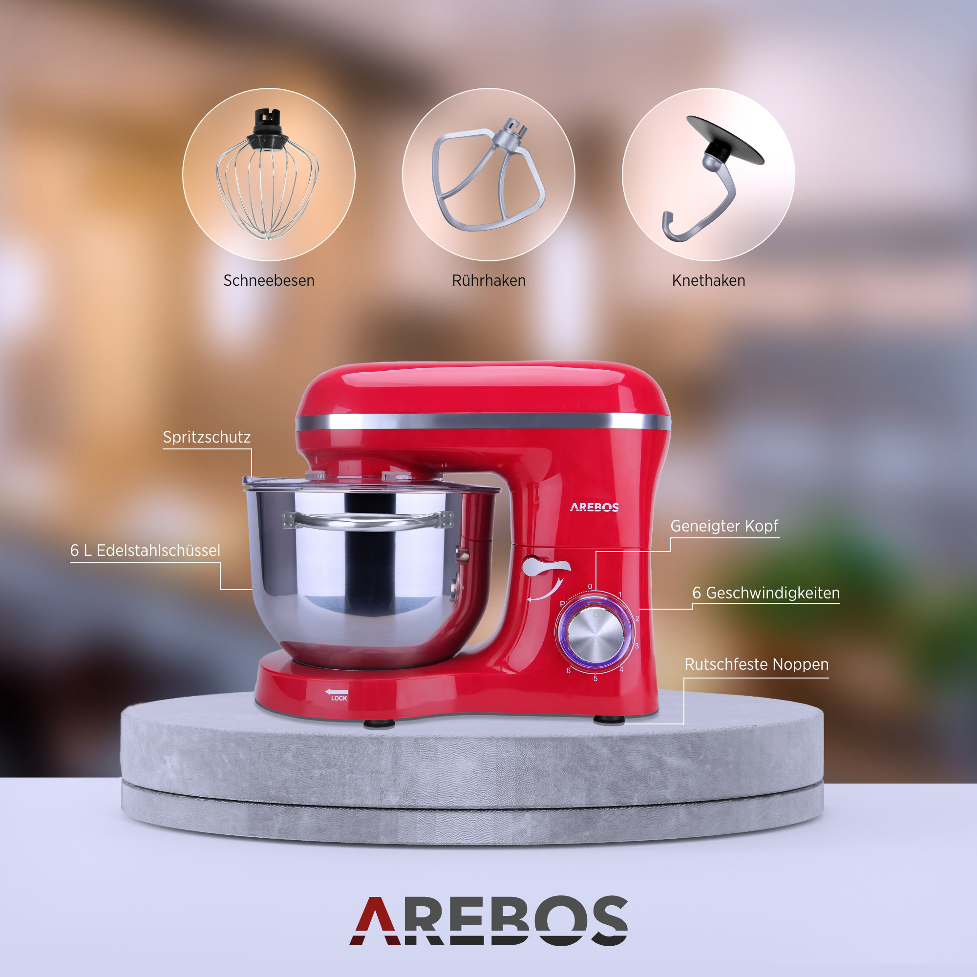 6 6 AREBOS Watt) Speedlevels Küchenmaschine Rot Liter, 1500 (Rührschüsselkapazität: