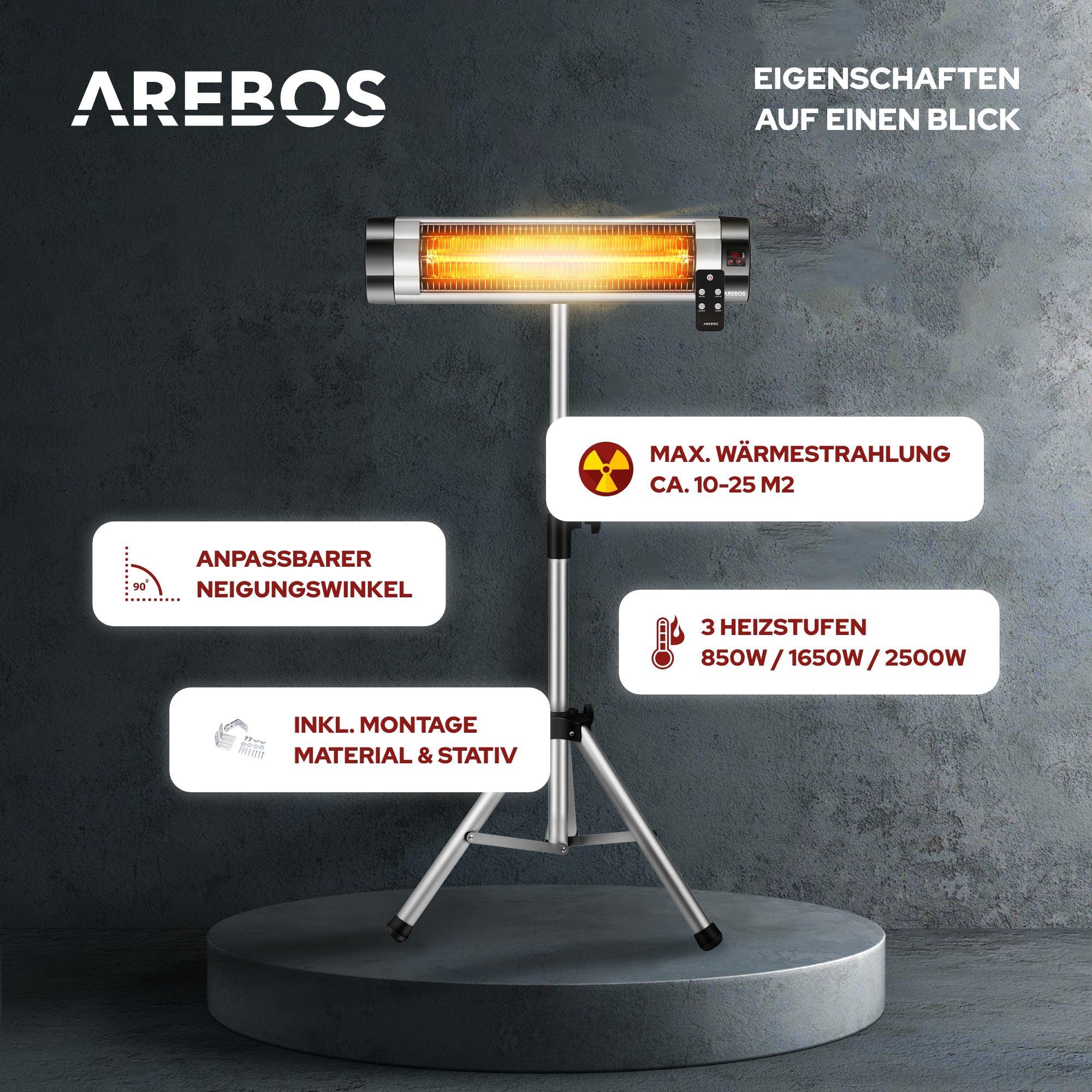 Fernbedienung AREBOS Höhenverstellbar Stativ | | Infrarot Silber mit Heizstrahler, & Schwenkbar