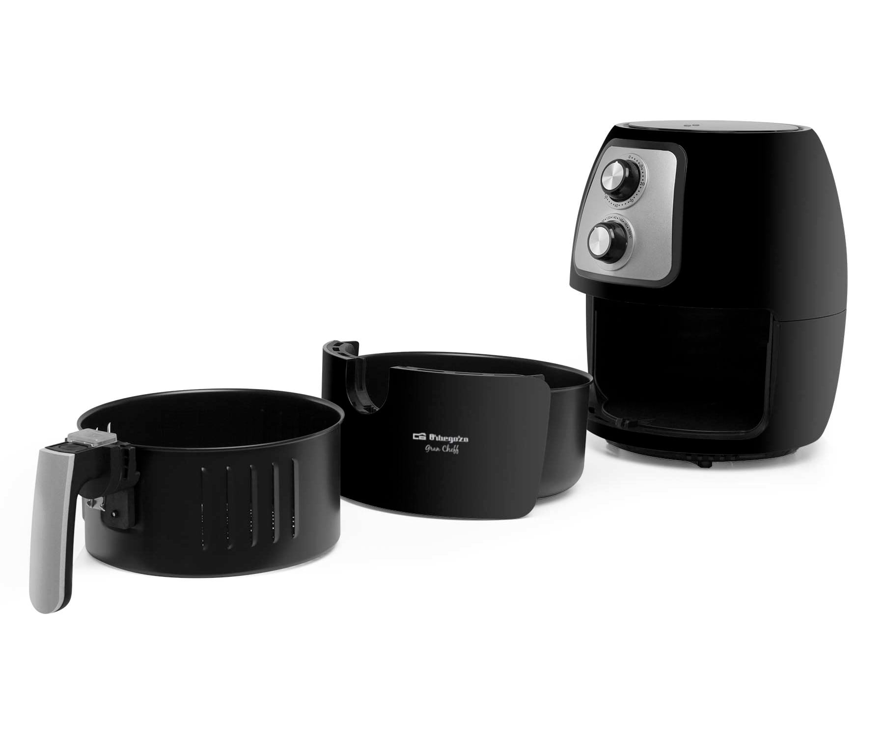 Czarna frytkownica beztłuszczowa z wyjmowanymi częściami. Części są czarne i srebrne.