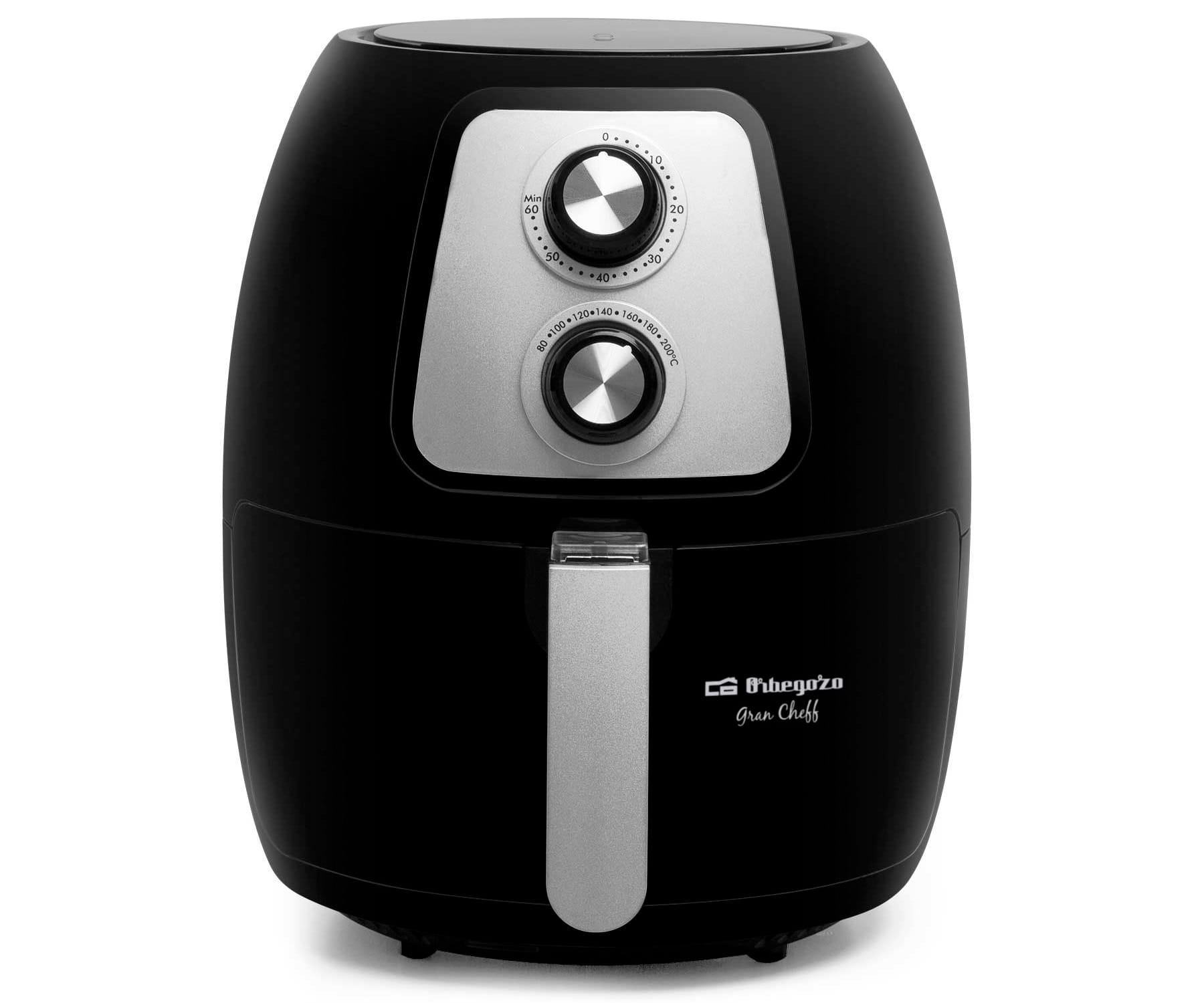 Czarna frytkownica na gorące powietrze ze srebrnymi akcentami i dwoma pokrętłami na białym tle.