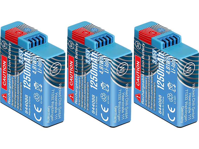 WICKED CHILI 3x Akku für GoPro Hero8 Hero7 Hero6 Hero5 & Hero 8, 7, 6, 5, 2018, AHDBT-801 Batterie, Ersatz-Akku, Mehrfarbig