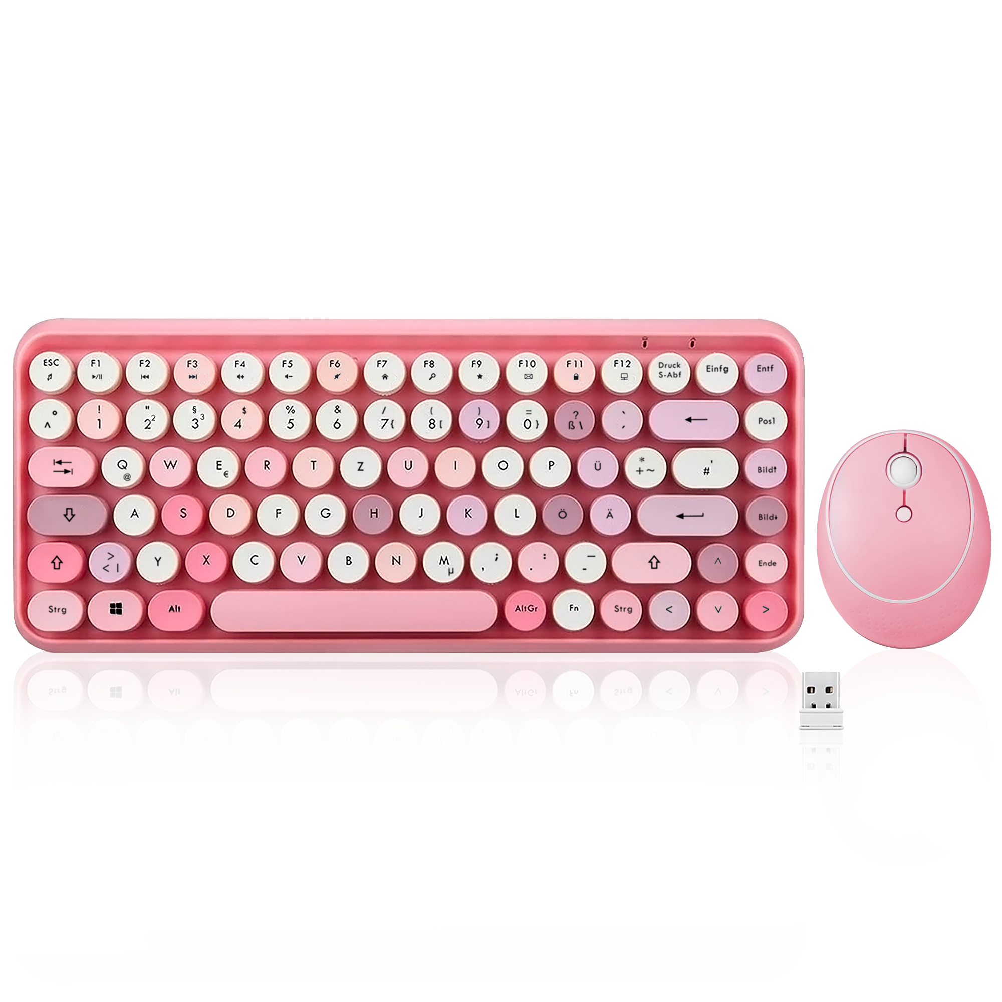 Rosa Tastatur, Maus und USB-Empfänger. Rosa mit weißen Tasten.