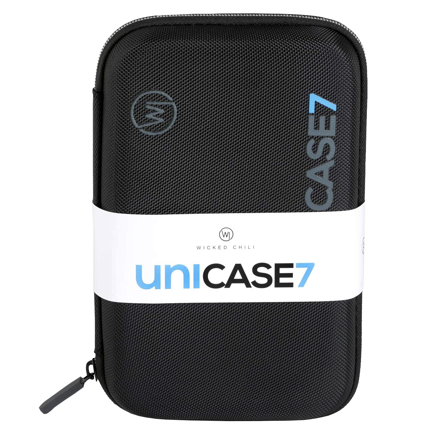 Schwarzes Gehäuse mit den Wörtern 'uniCASE7' und 'CASE7'. Ein weißes Band mit dem Logo 'WICKED CHILI'.