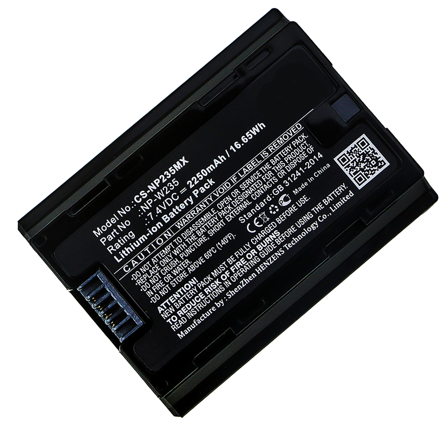 Schwarzer Laptop-Akku mit Text und Anschluss. Weißer Hintergrund.