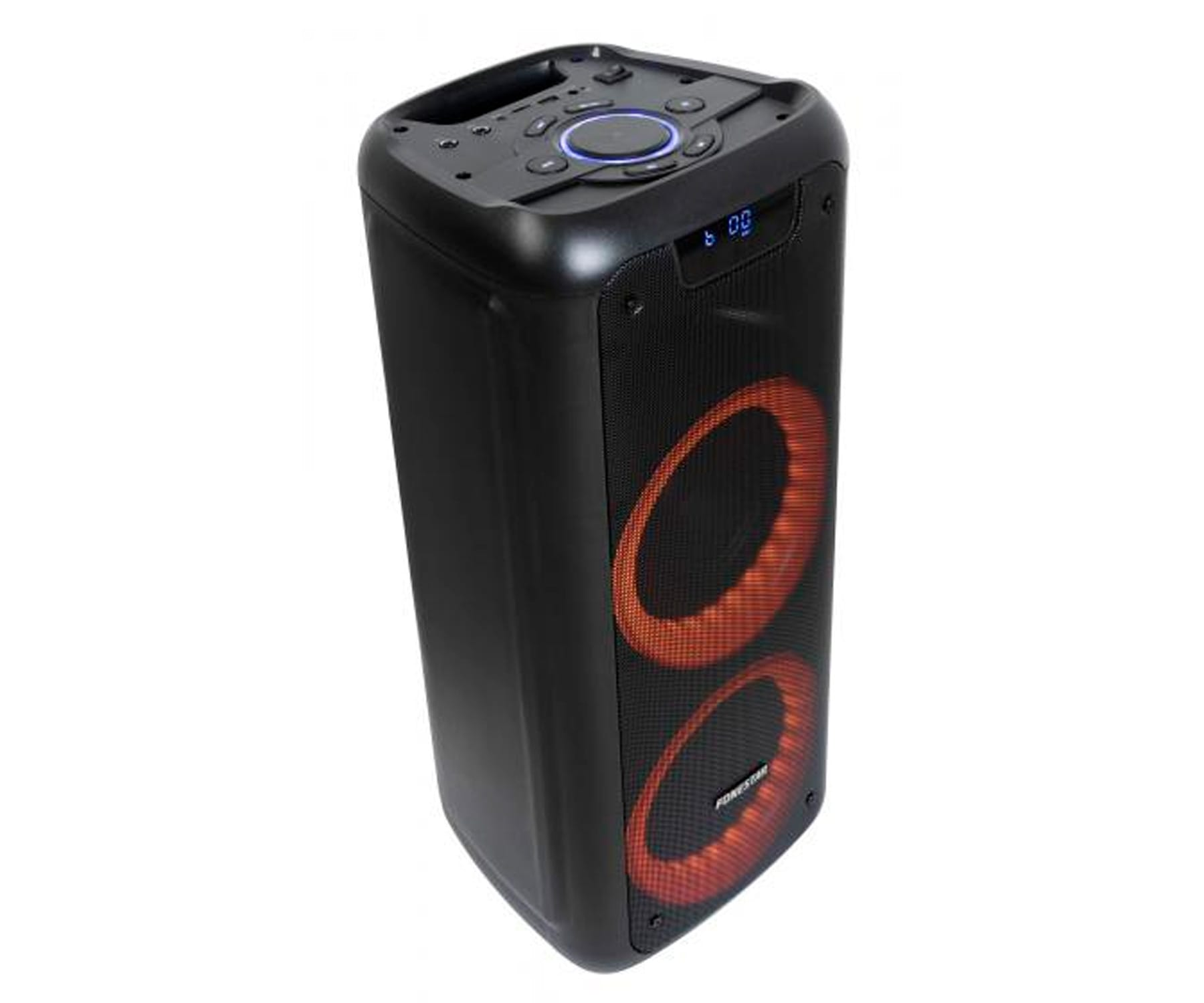 Czarny głośnik z pomarańczowymi podświetlanymi pierścieniami, wyświetlaczem cyfrowym i białym tłem.