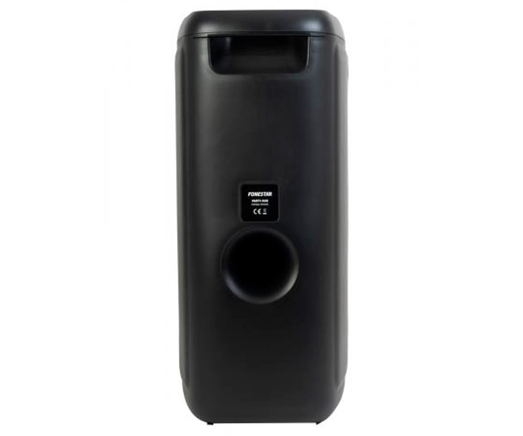 Czarny głośnik z dużym okrągłym otworem z tyłu.