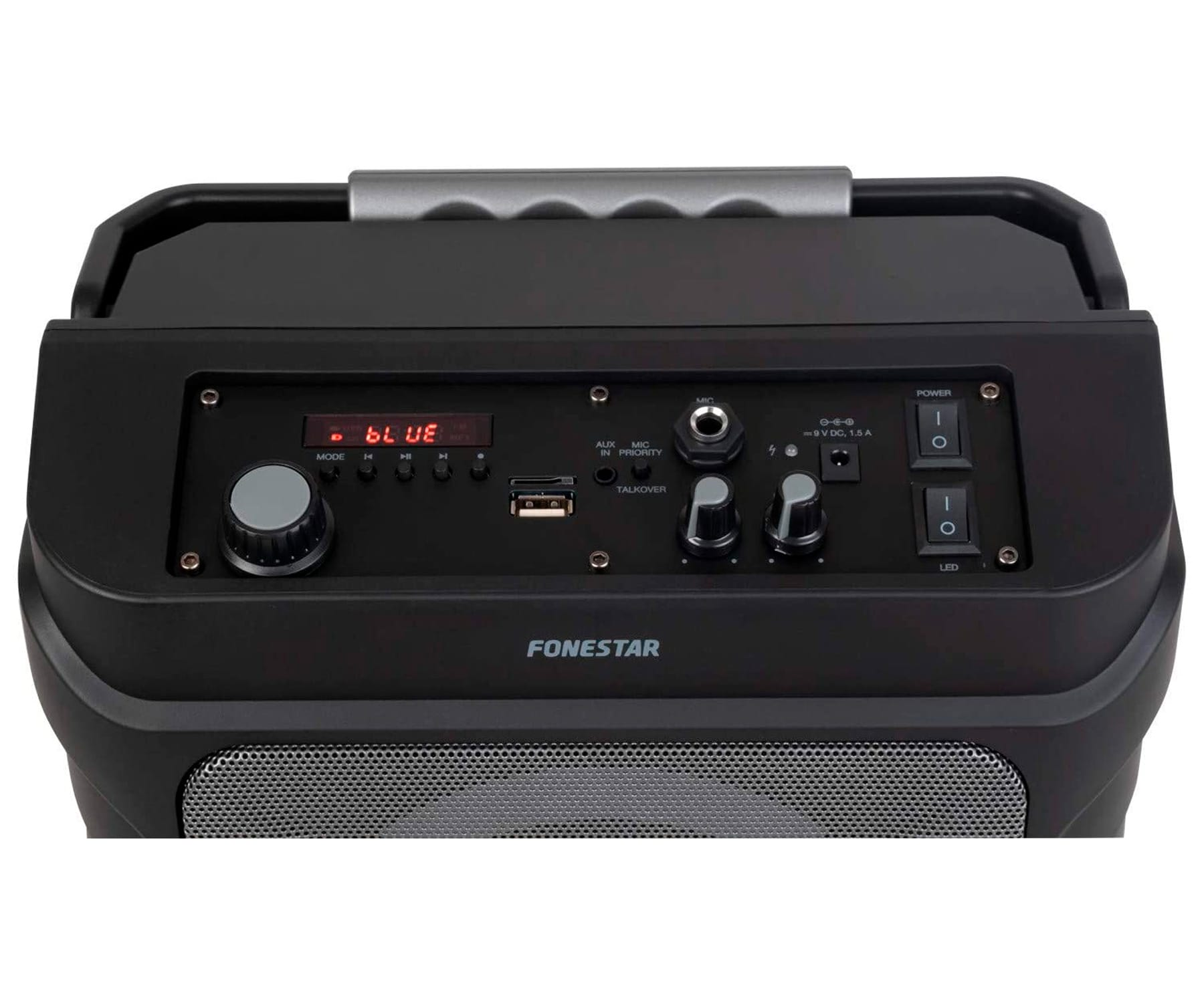 Altavoz portátil negro con panel de control, incluyendo perilla de volumen, puerto USB y botones de encendido.