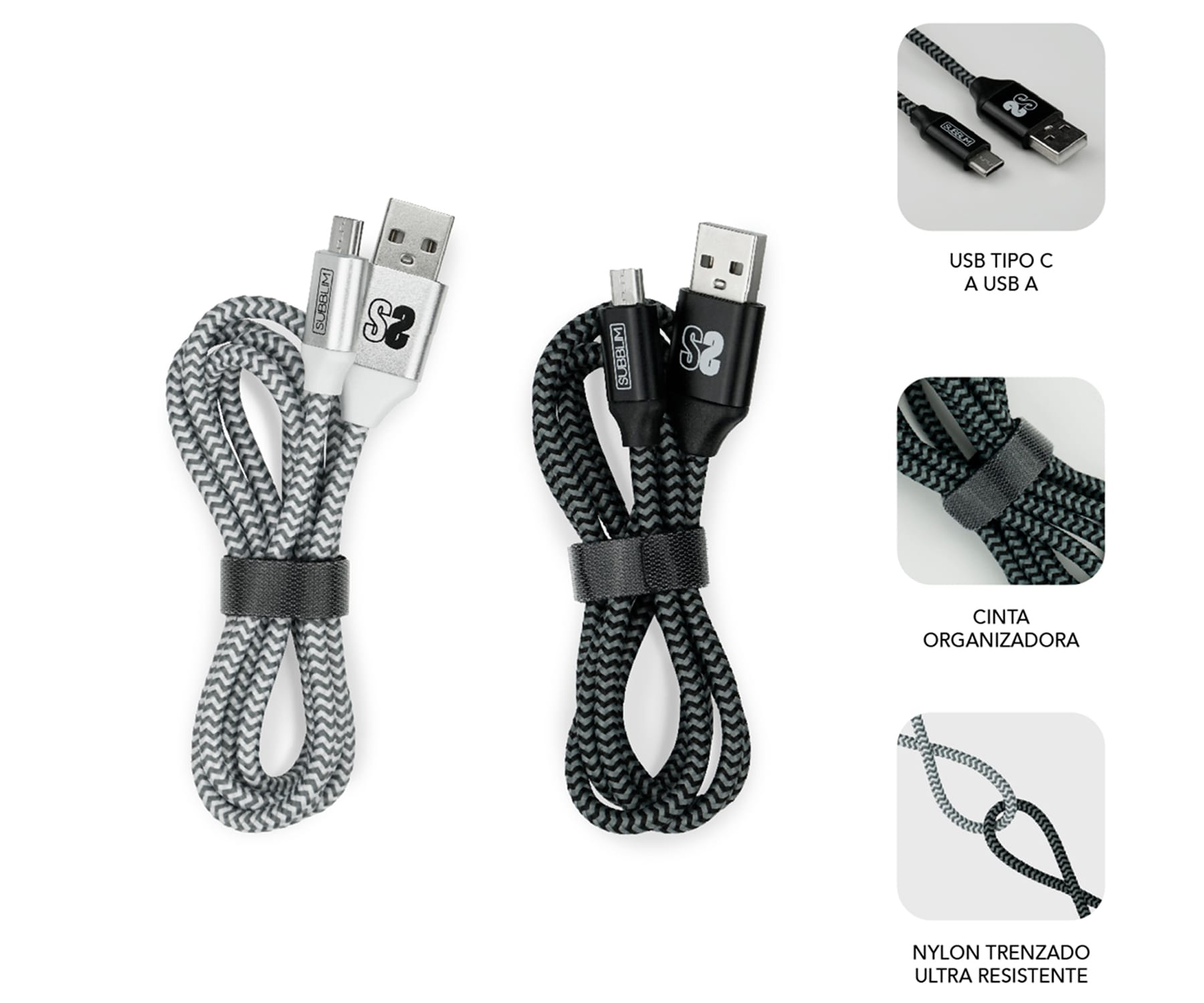Dos cables USB enrollados con una brida y información del producto.