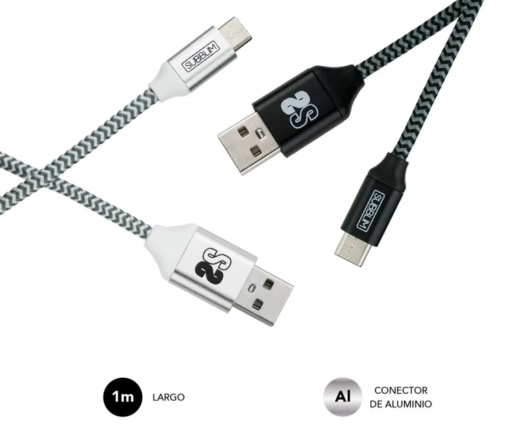 Tres cables USB: gris, negro y blanco, con diferentes conectores. El fondo es blanco.