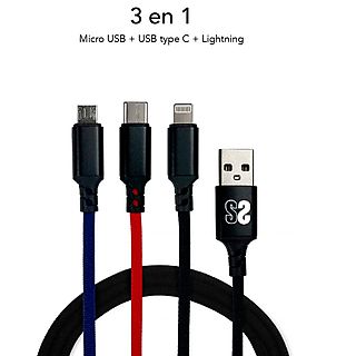 Cable - SUBBLIM SUBBLIM Cable Premium 3 en 1 USB-A a microUSB + USB Tipo C + Lightning Azul / Rojo / Negro
