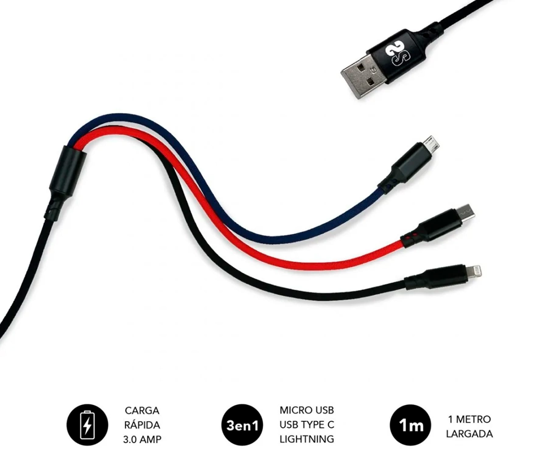 Cables USB multicolores con tres tipos de conectores diferentes. Los cables tienen etiquetas y están sobre fondo blanco.
