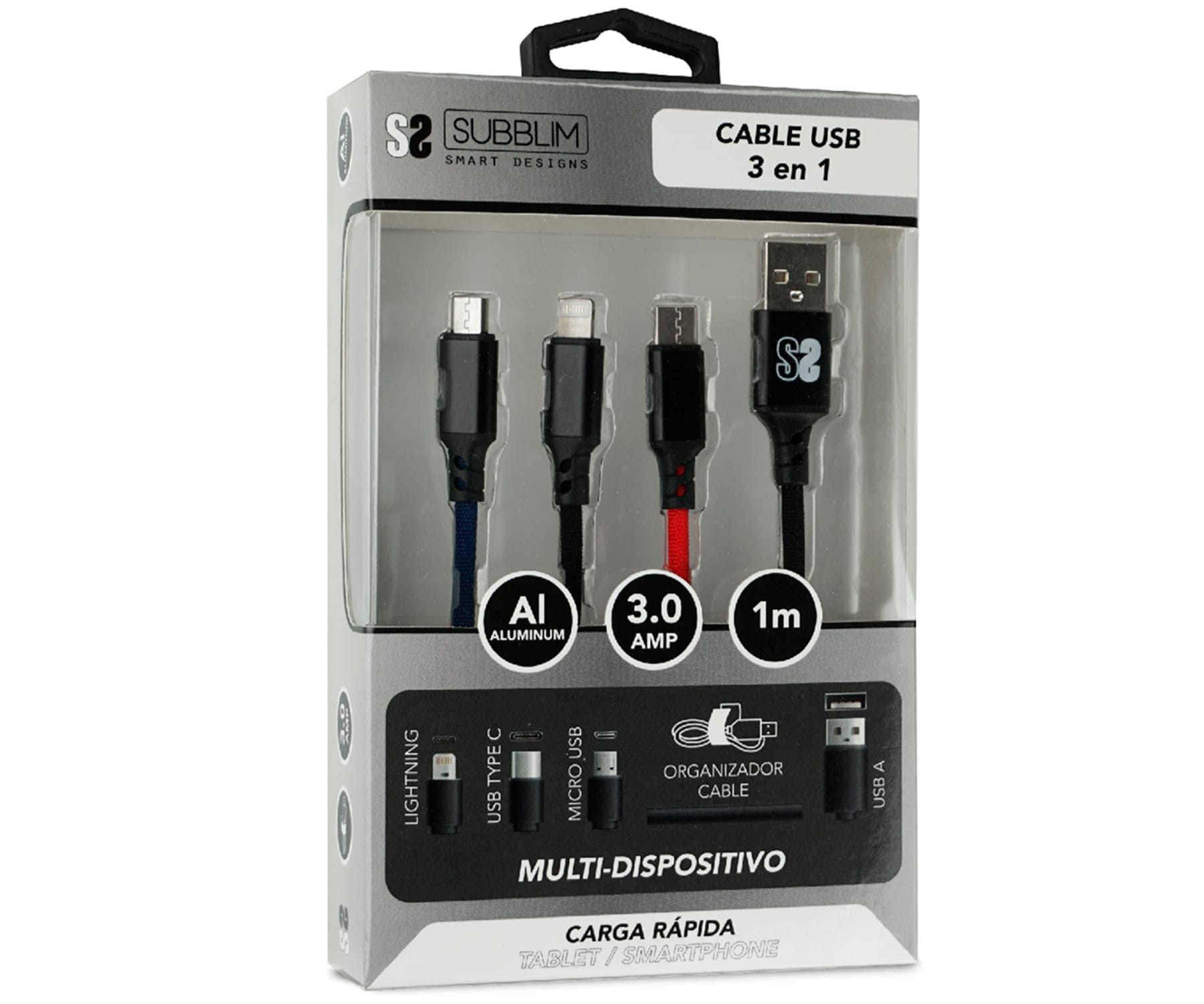 Paquete de cable de carga USB con conectores Lightning, USB-C y micro USB. Multi-dispositivo.