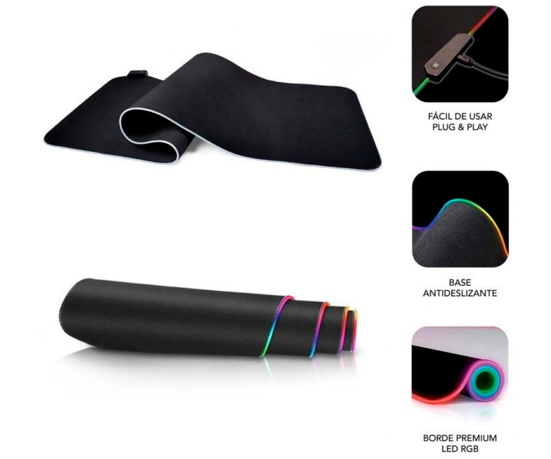 Czarna podkładka pod mysz z diodami LED RGB na krawędziach, zwinięta.