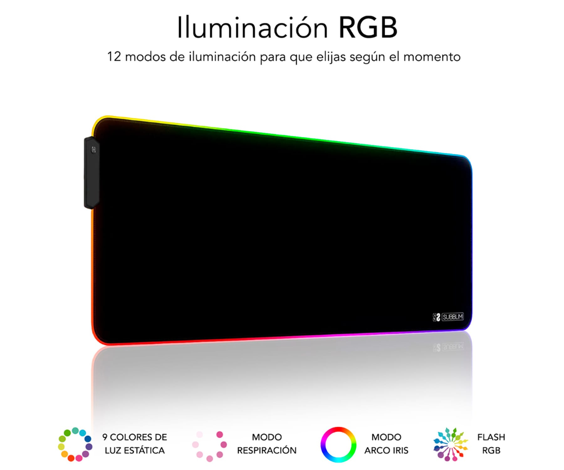 Czarna podkładka pod mysz z oświetleniem RGB na krawędziach, z tekstem i logo.