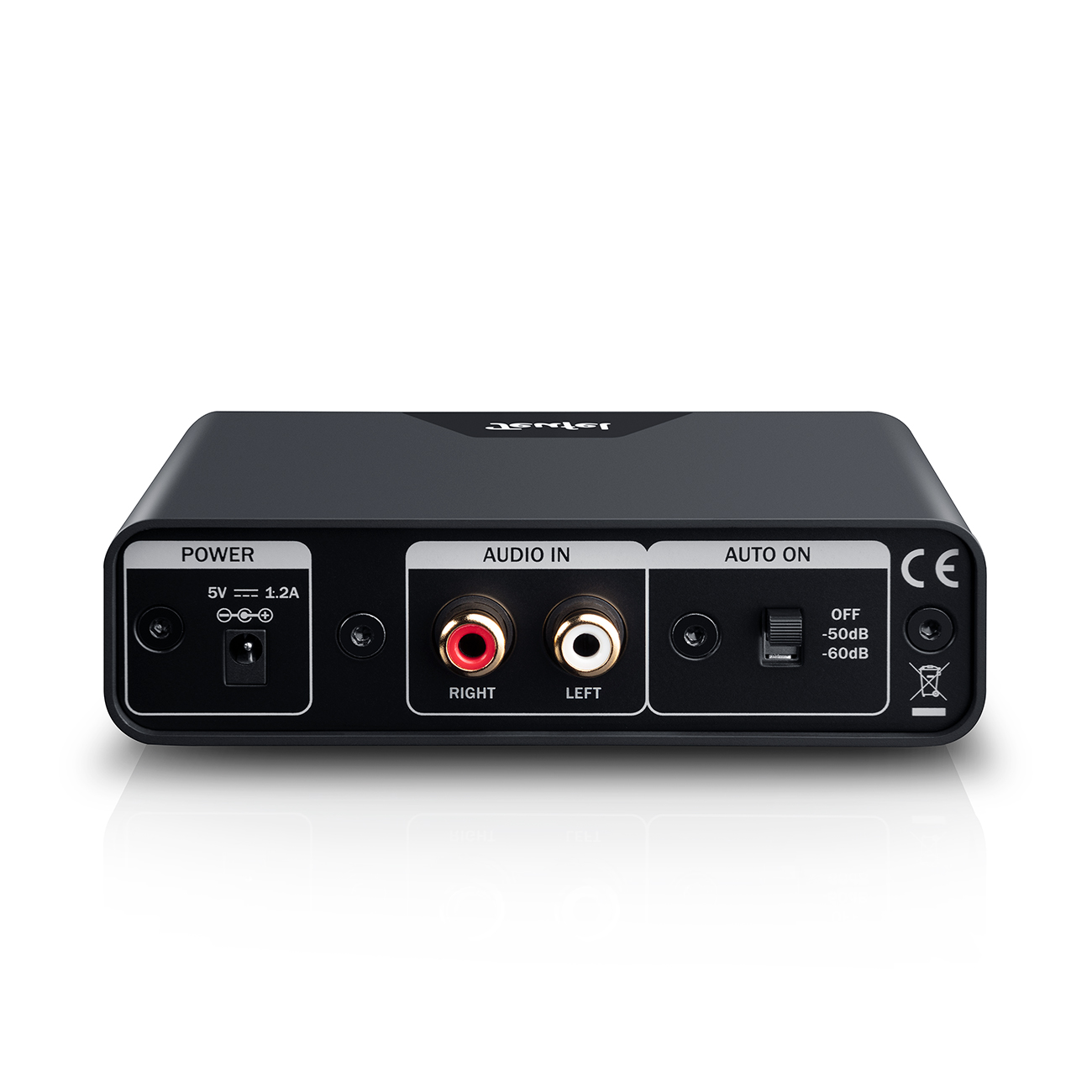 Un dispositivo audio nero con ingressi e uscite. Il dispositivo ha etichette.