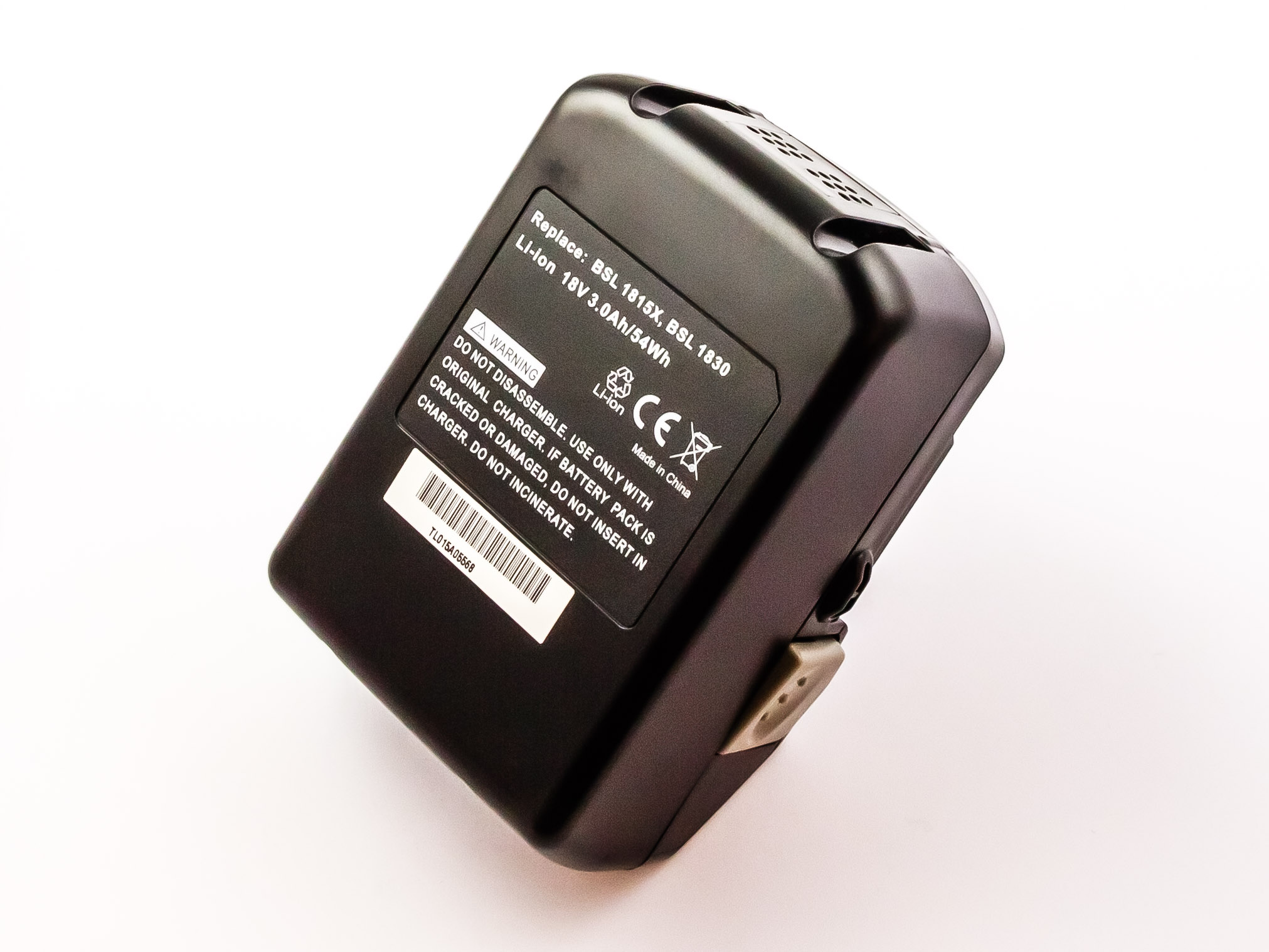 Schwarzer Li-Ion 18V Akku mit Warnhinweisen und weißem Hintergrund.