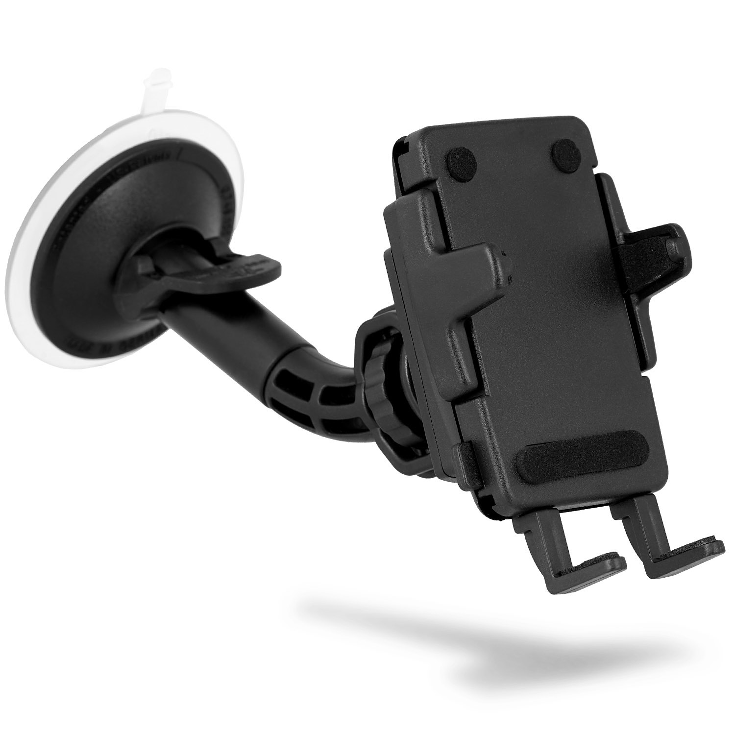 Schwarzer Autotelefonhalter mit Saugnapf und verstellbarem Arm, auf weißem Grund.