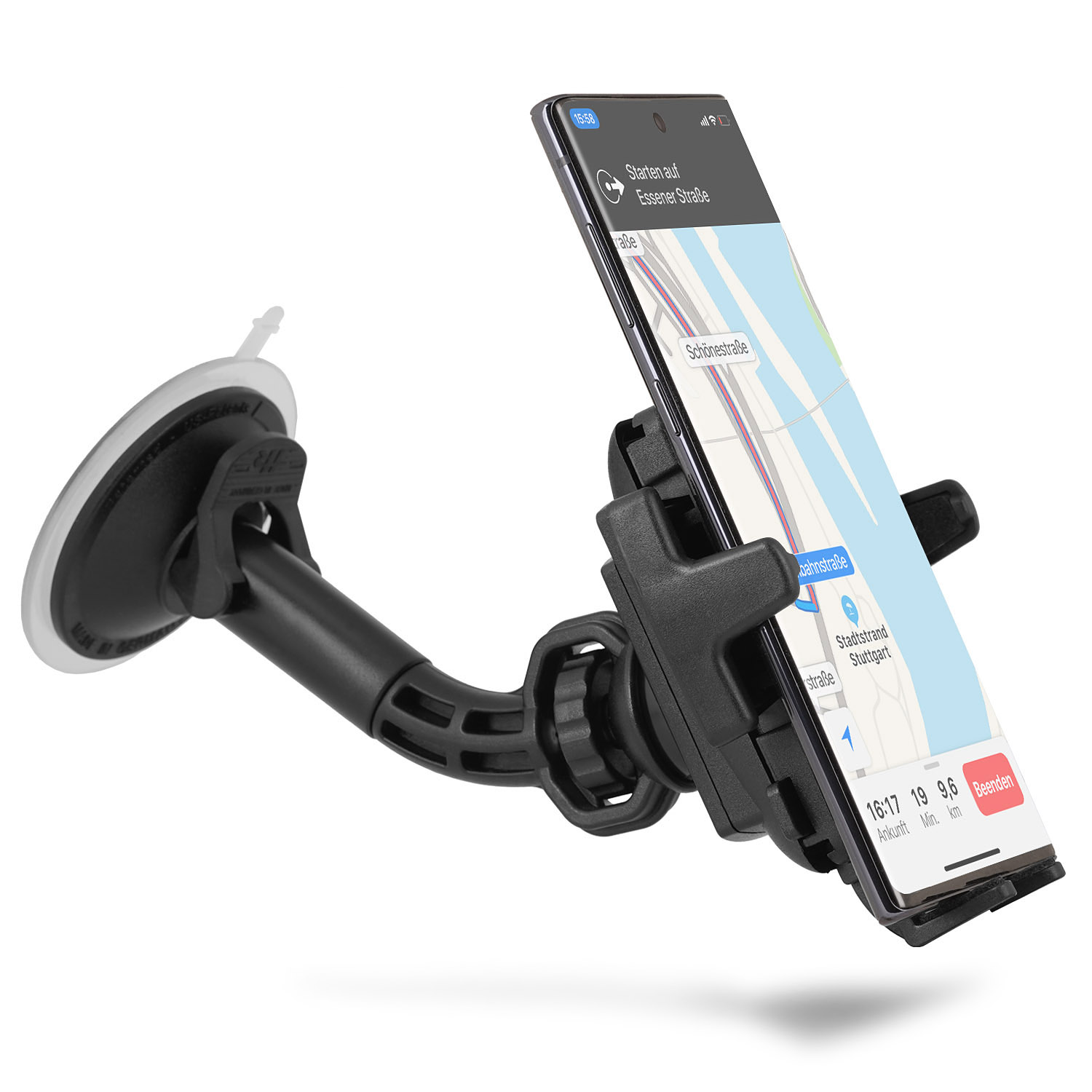 Telefon in Autohalterung, Navigations-App auf dem Bildschirm, an Windschutzscheibe.