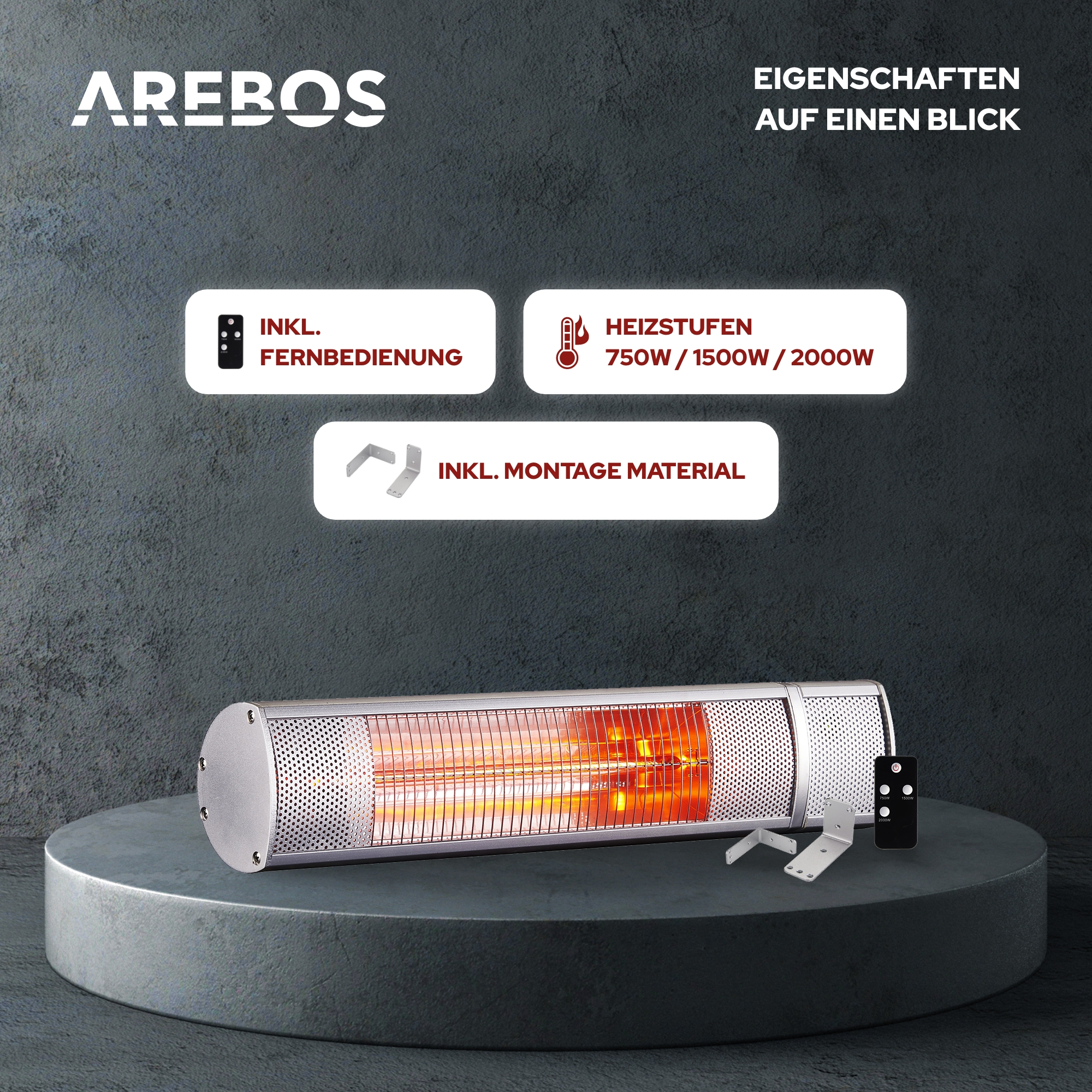 AREBOS 3 Heizstrahler Fernbedienung, Heizstufen Heizstrahler | mit Infrarot Gastro-Bar Silber Quarzstrahler