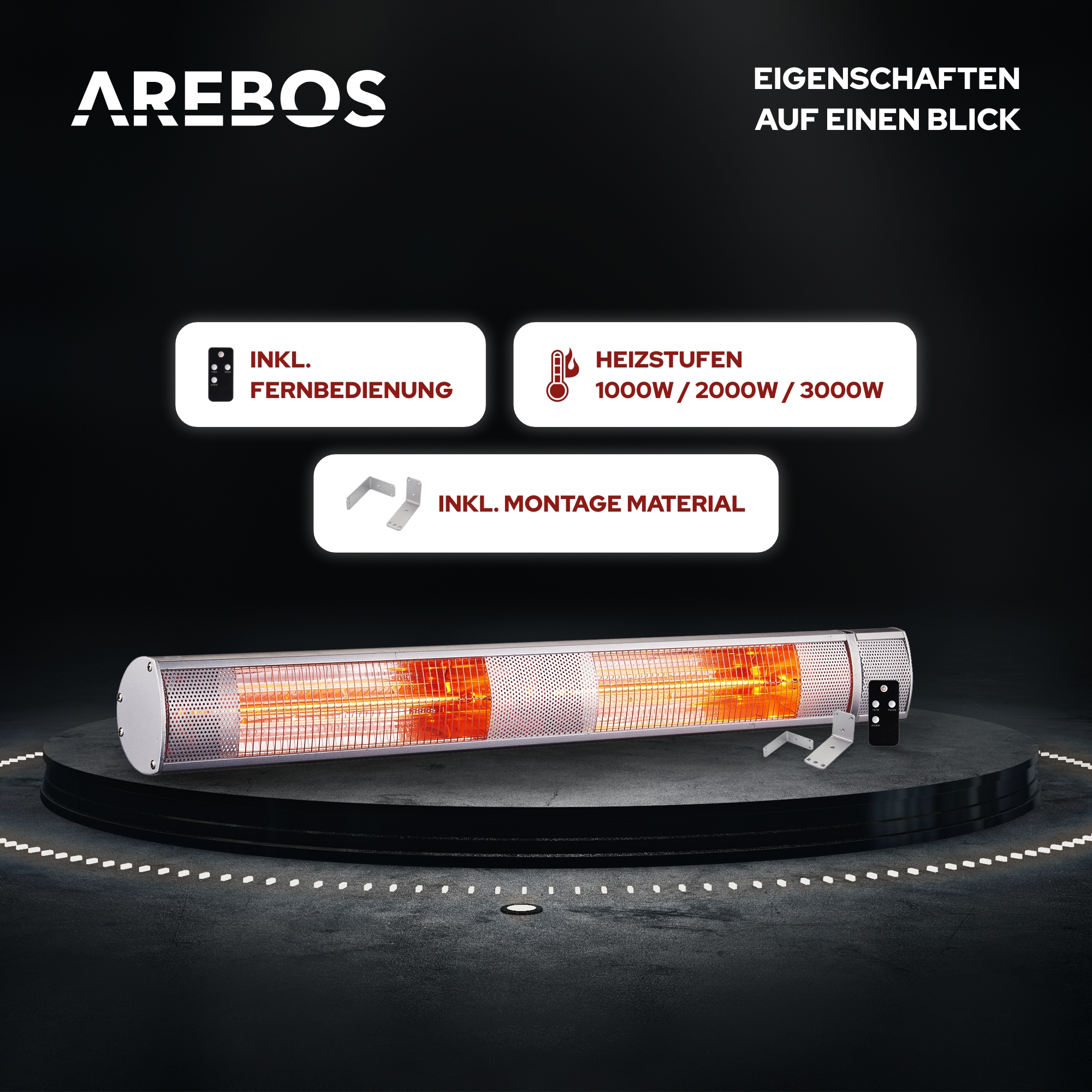 Silber | Gastro-Bar AREBOS mit Fernbedienung Infrarot Heizstrahler, Heizstrahler Heizstufen 3