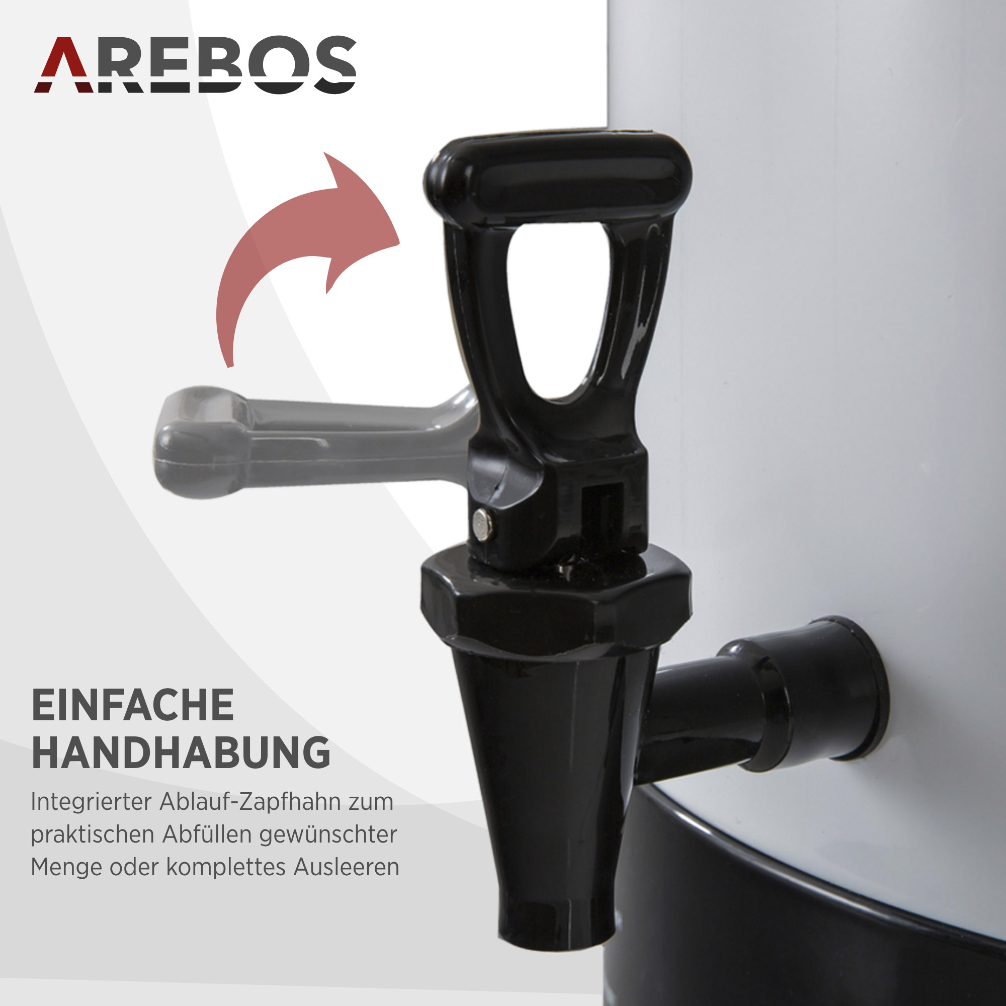 Nahaufnahme eines schwarzen Wasserhahns mit Griff, Teil eines weißen Wasserspenders. Ein roter Pfeil zeigt die Nutzung an.