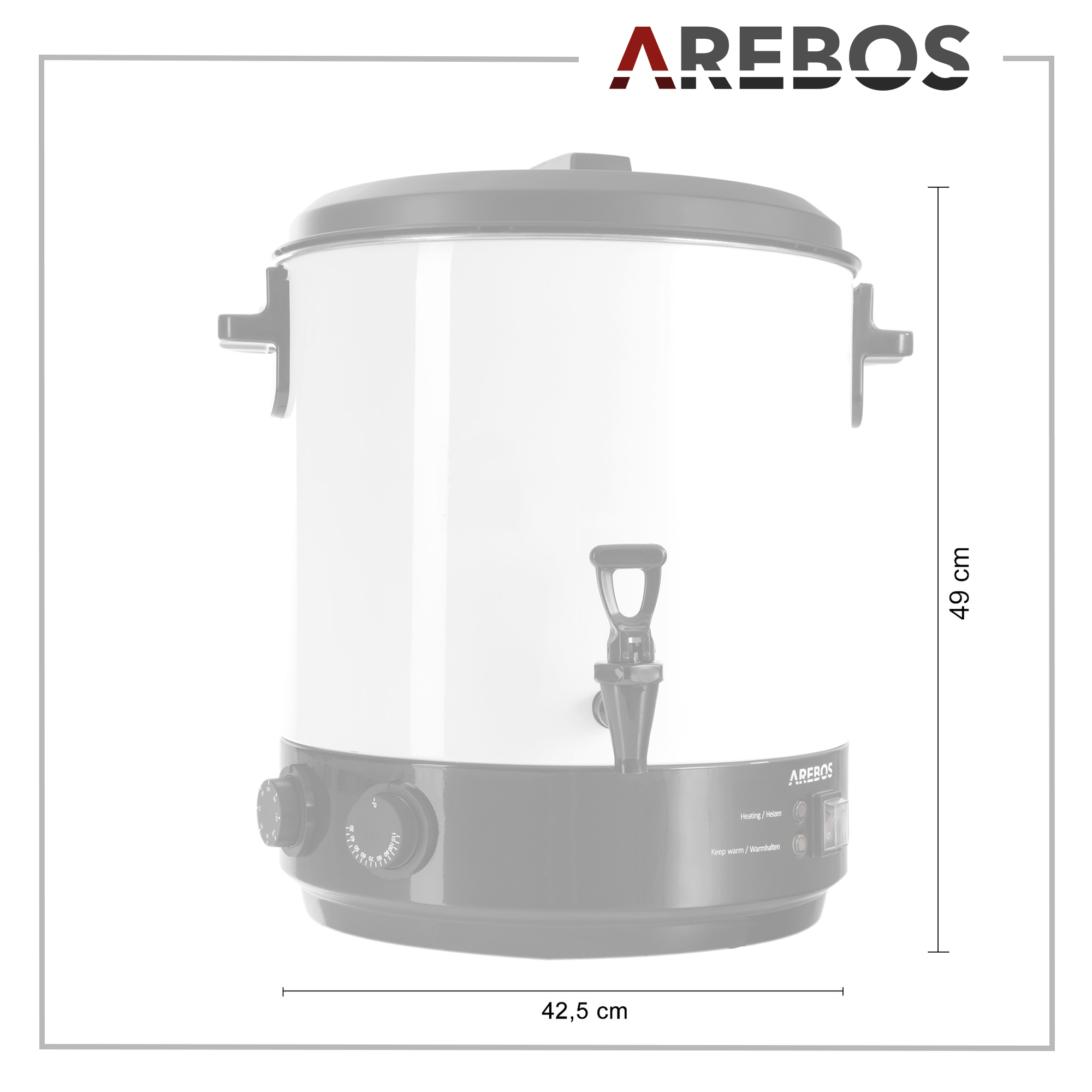 Großer weiß-schwarzer AREBOS Wasserkocher mit Abmessungen auf weißem Hintergrund.