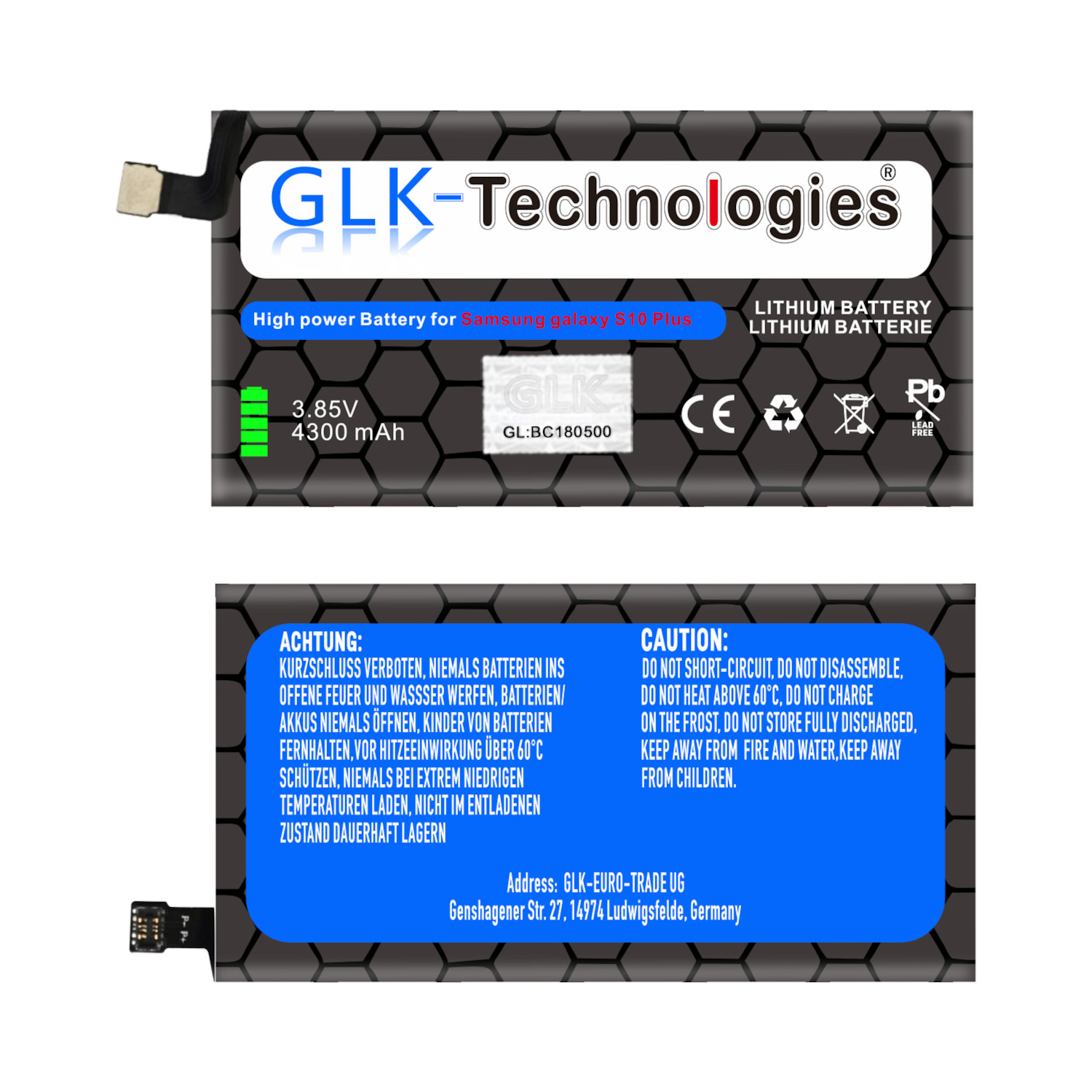 GLK-TECHNOLOGIES Ersatz Akku für 4300 Li-Ion, Samsung G975 mAh Smartphone 4300 GLK-S10E S10+ Volt, Galaxy EB-BG975ABU Akku, 3.85 mAh Ersatz S10 Plus