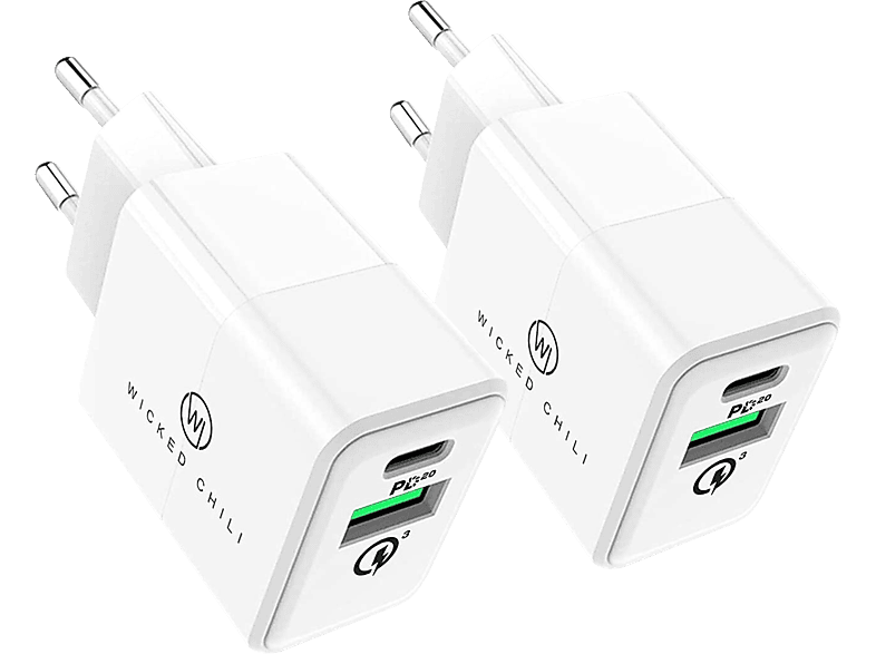 WICKED CHILI 2x 20W Ladegerät Netzteil Quick Charge + USB C, Schnellladegerät für Apple iPhone 14 & MagSafe Dual USB Netzteil