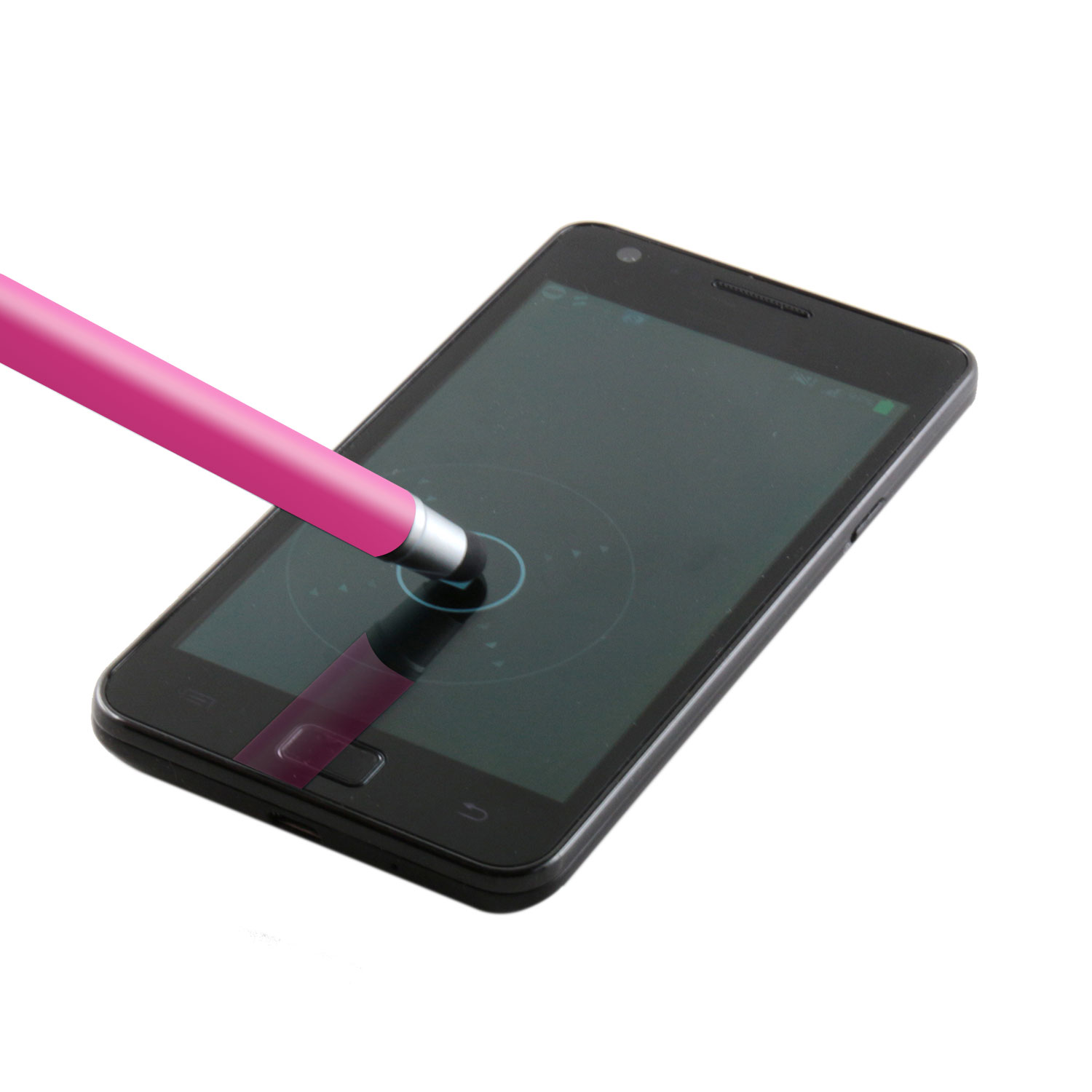 Ein pinker Stylus-Stift berührt einen schwarzen Smartphone-Bildschirm.