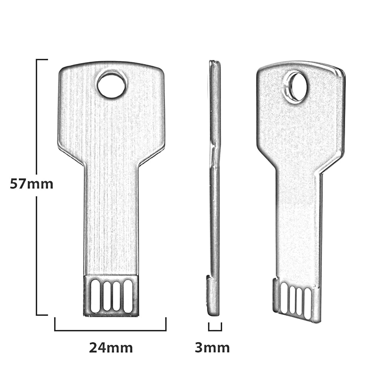 USB-Schlüssel-Skizze, mit den Abmessungen: 57 mm hoch, 24 mm breit und 3 mm dick.